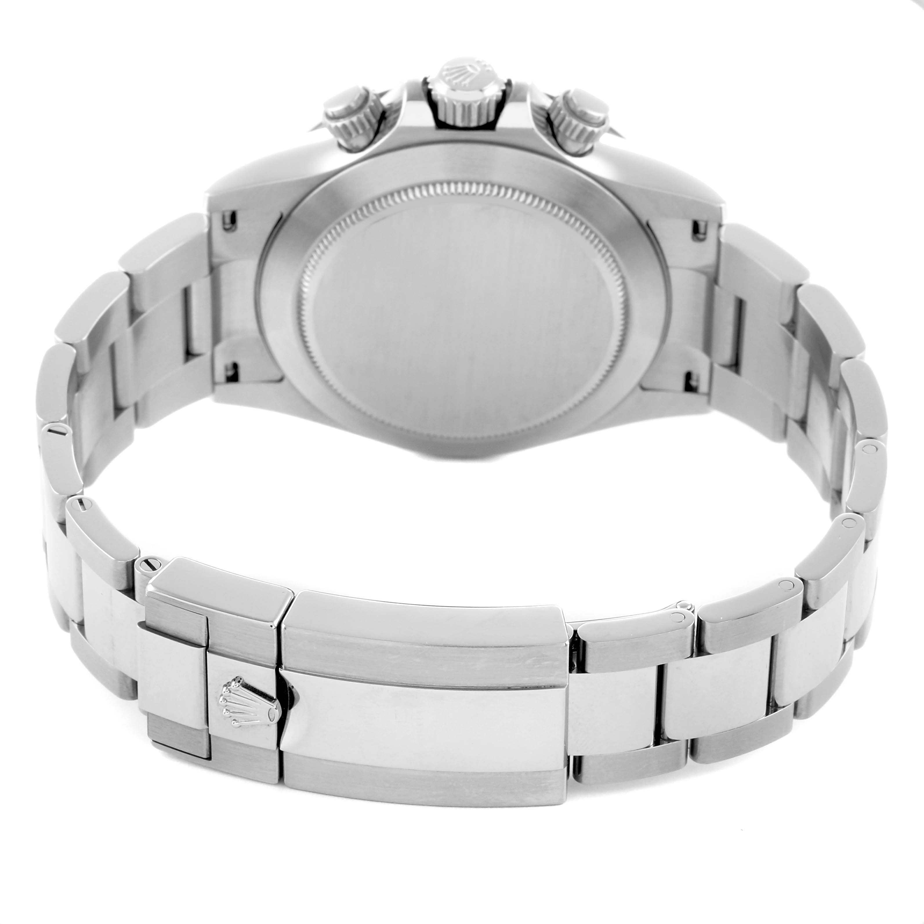 The image shows the back view of a Rolex Daytona 116500 Men
s Stainless Steel Black Dial watch, highlighting the case back, bracelet, and clasp.