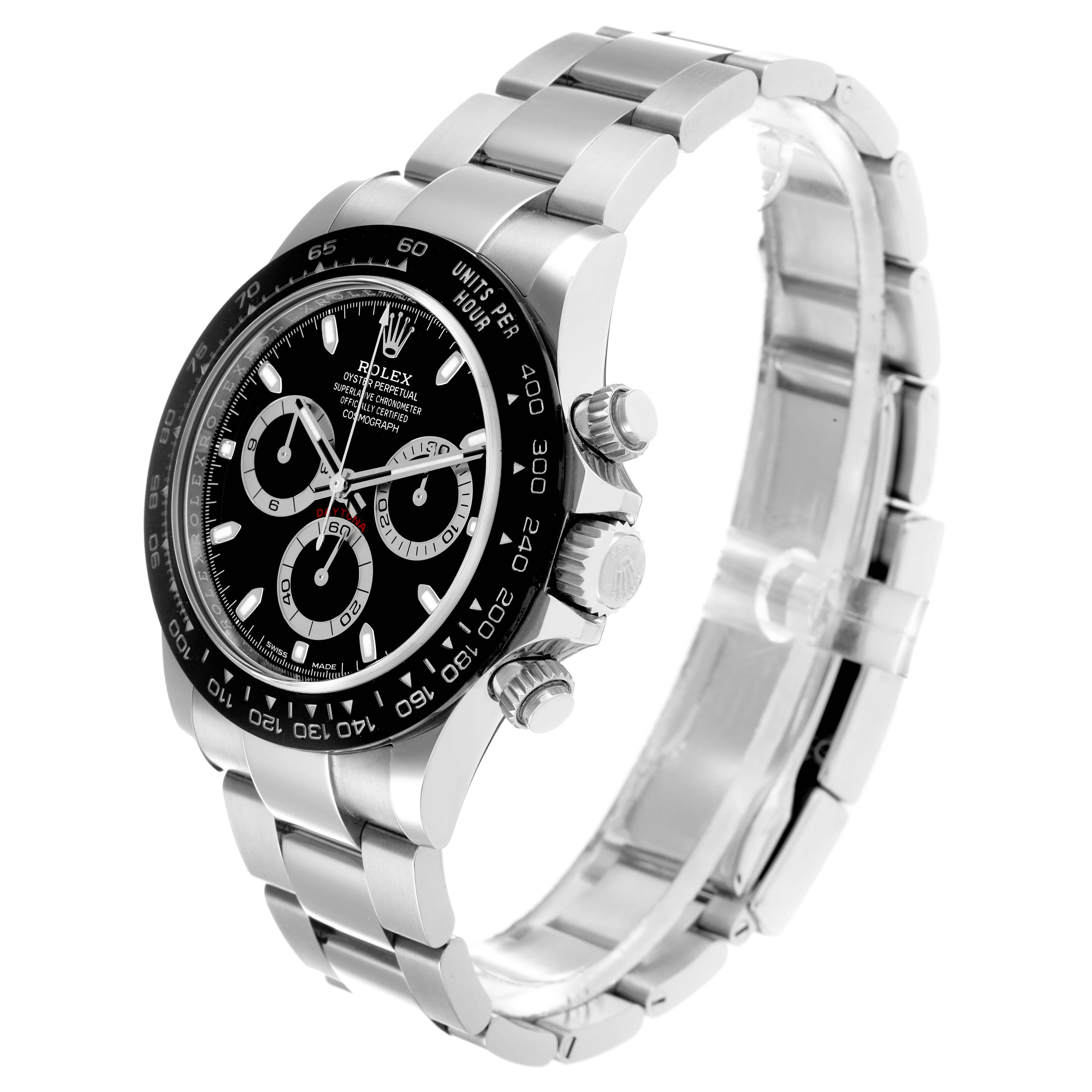 The Rolex Daytona 116500 Men
s Stainless Steel Black Dial is shown at a three-quarter angle, displaying the dial, bezel, pushers, and bracelet.