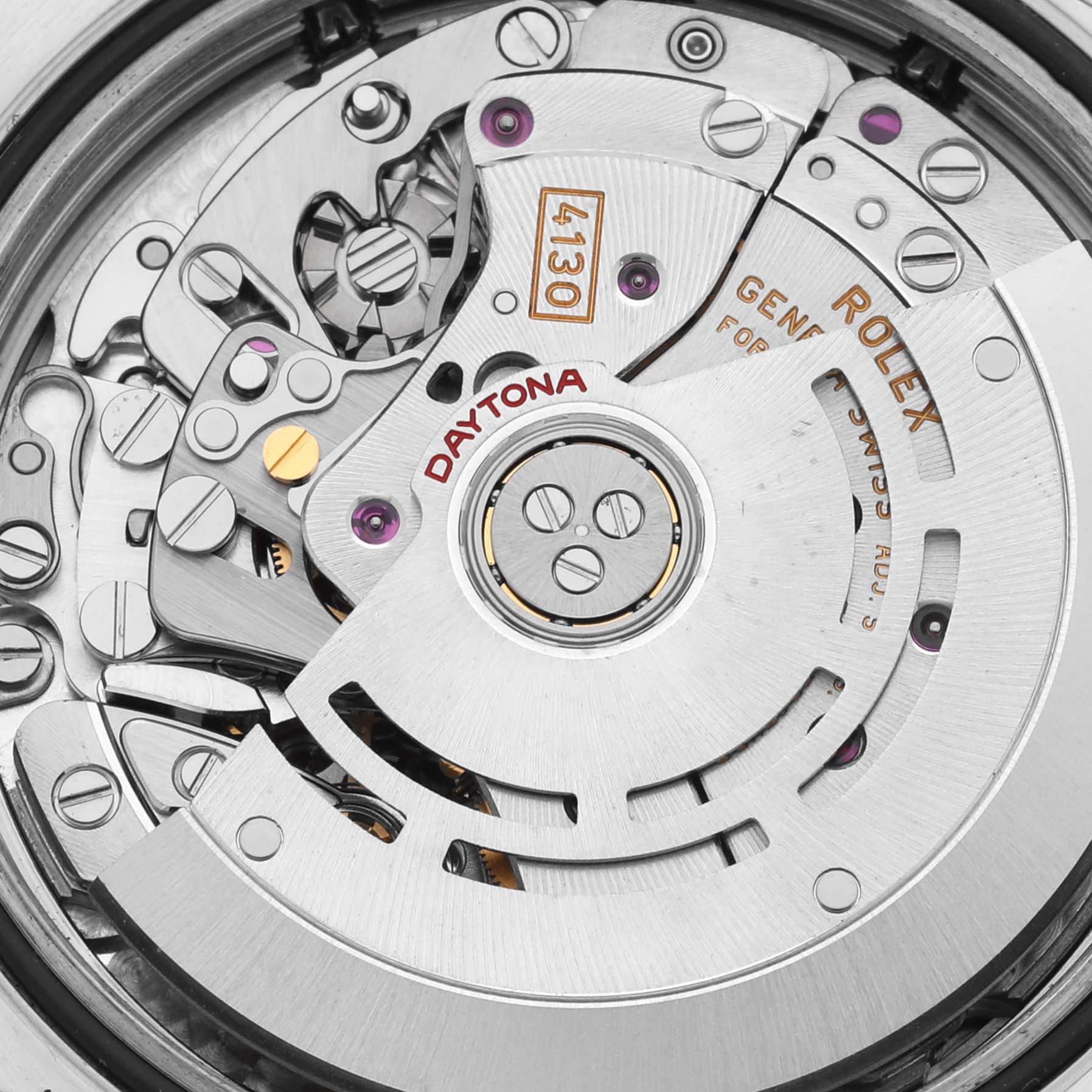 This image shows an intricate, close-up view of the Rolex Daytona 116520 Men's Stainless Steel Black Dial 116520 Men's Stainless Steel Black Dial watch movement and rotor from the back angle.