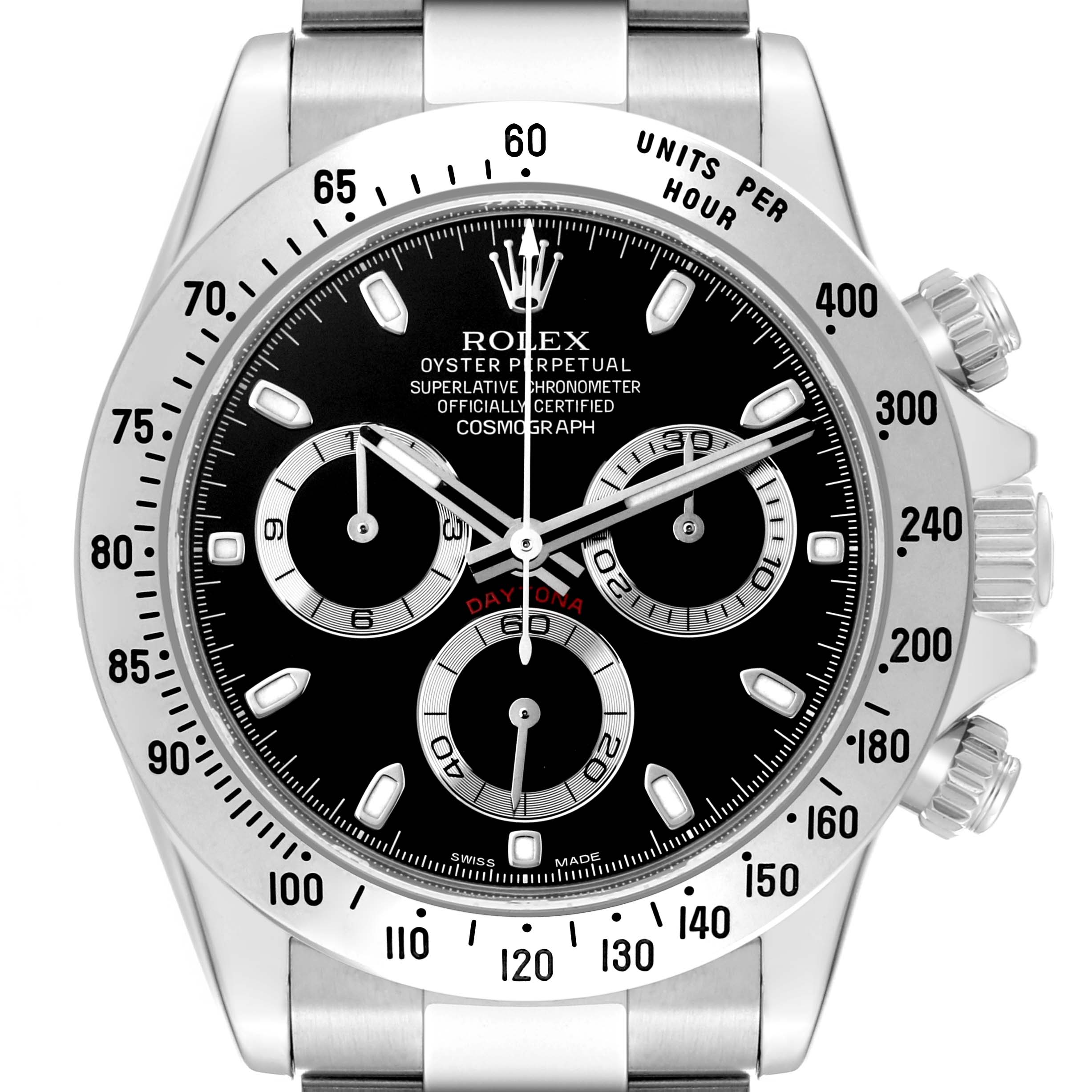 The image shows a front view of the Rolex Daytona 116520 Men's Stainless Steel Black Dial 116520 Men's Stainless Steel Black Dial watch, highlighting the dial, bezel, and pushers.