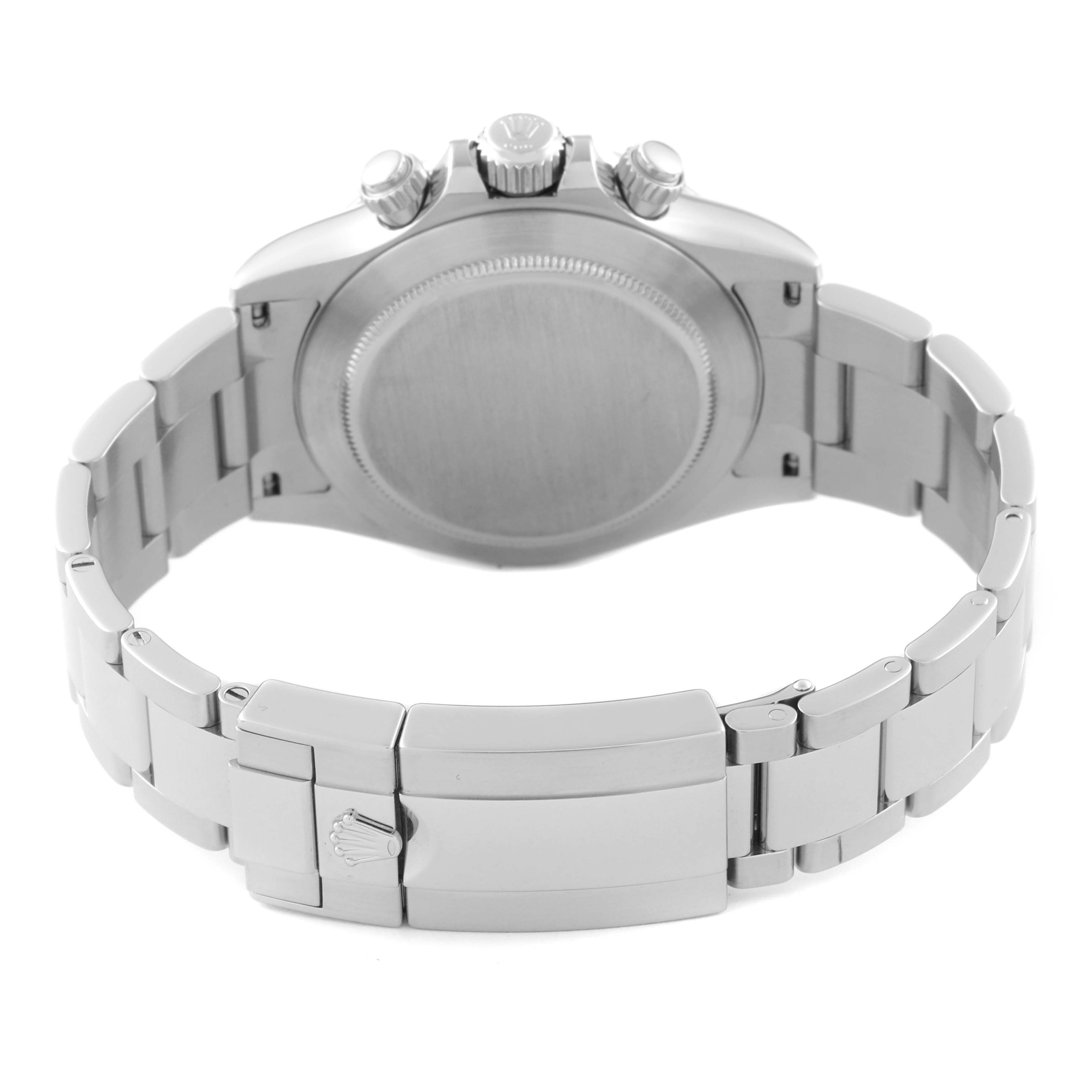 This image shows the case back, clasp, and bracelet of a Rolex Daytona 116520 Men's Stainless Steel Black Dial 116520 Men's Stainless Steel Black Dial watch from a rear view angle.