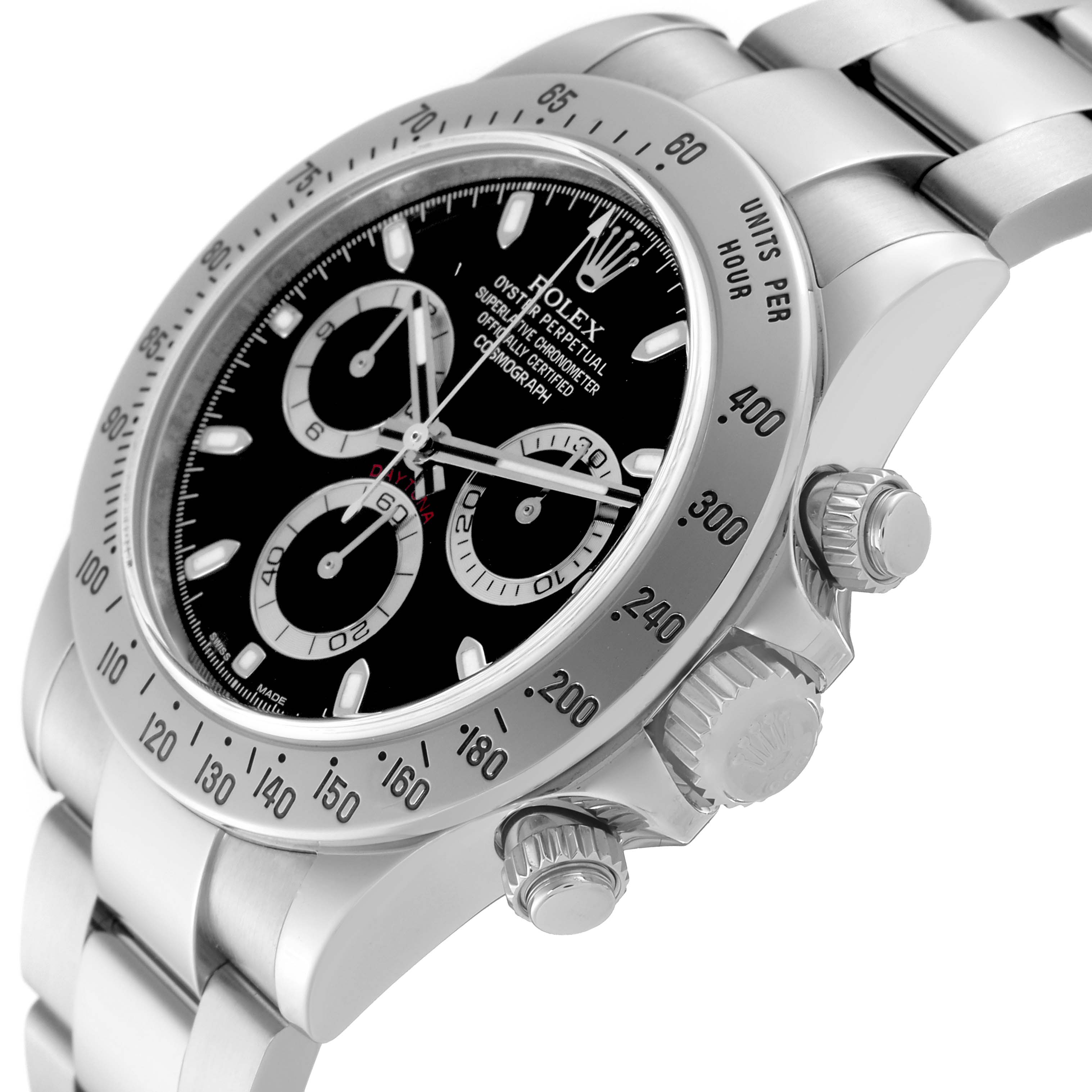 The image shows a side angle of a Rolex Daytona 116520 Men's Stainless Steel Black Dial 116520 Men's Stainless Steel Black Dial watch, highlighting its bezel, crown, pushers, and a partial view of its bracelet.