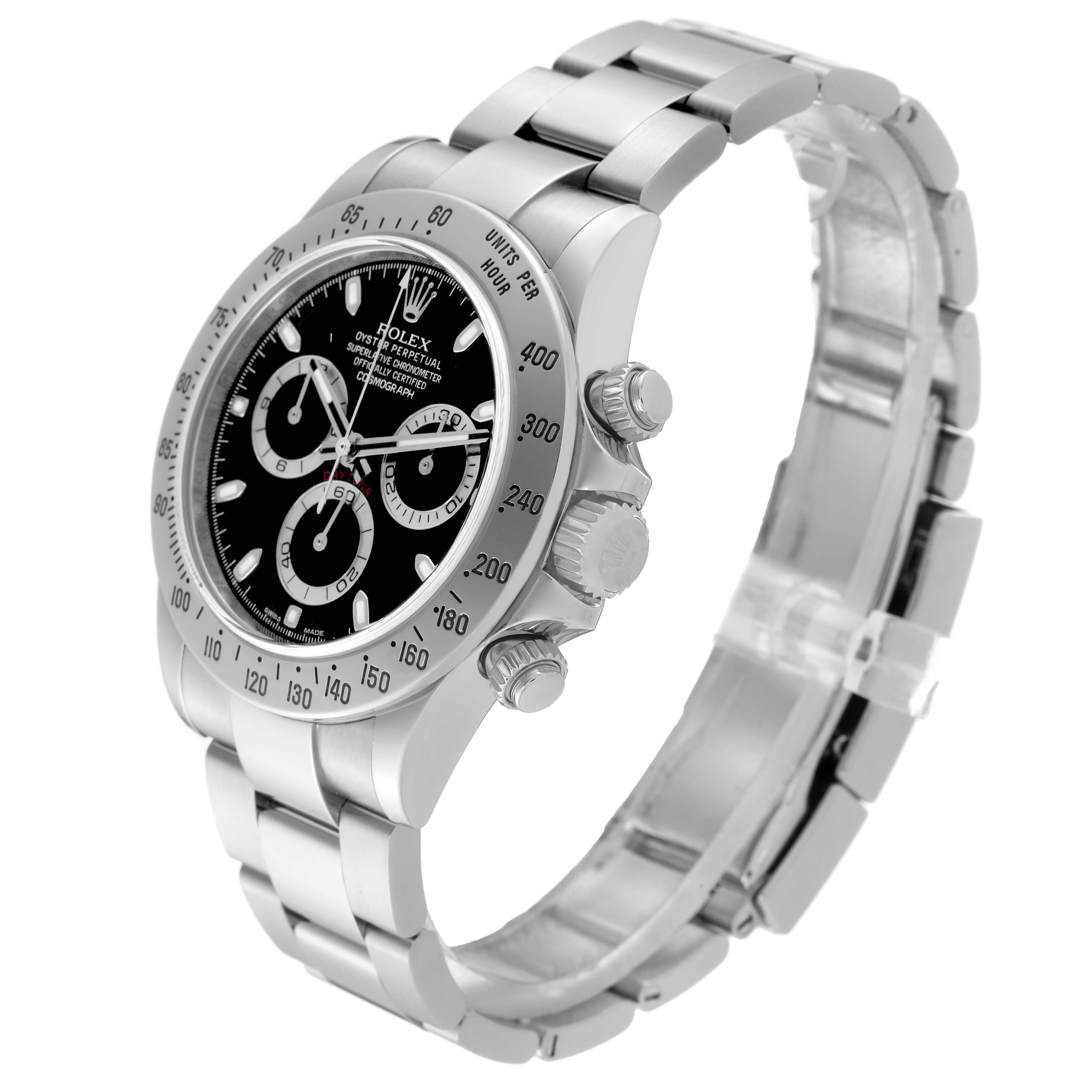 This image shows a side angle view of the Rolex Daytona 116520 Men's Stainless Steel Black Dial 116520 Men's Stainless Steel Black Dial watch, highlighting the bracelet, chronograph pushers, and bezel.