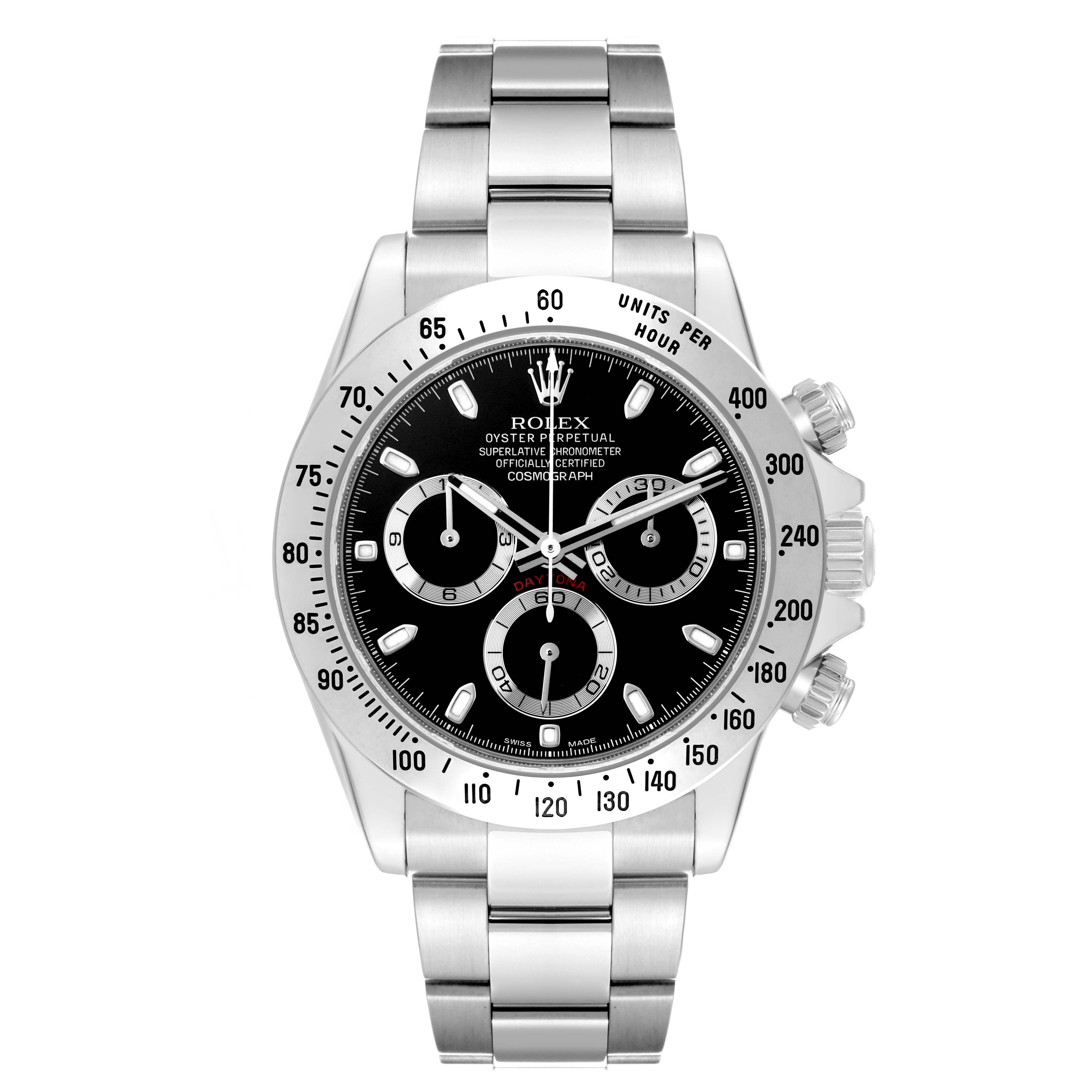 The image shows a front view of a Rolex Daytona 116520 Men's Stainless Steel Black Dial 116520 Men's Stainless Steel Black Dial watch with a black dial, bezel, and stainless steel bracelet.