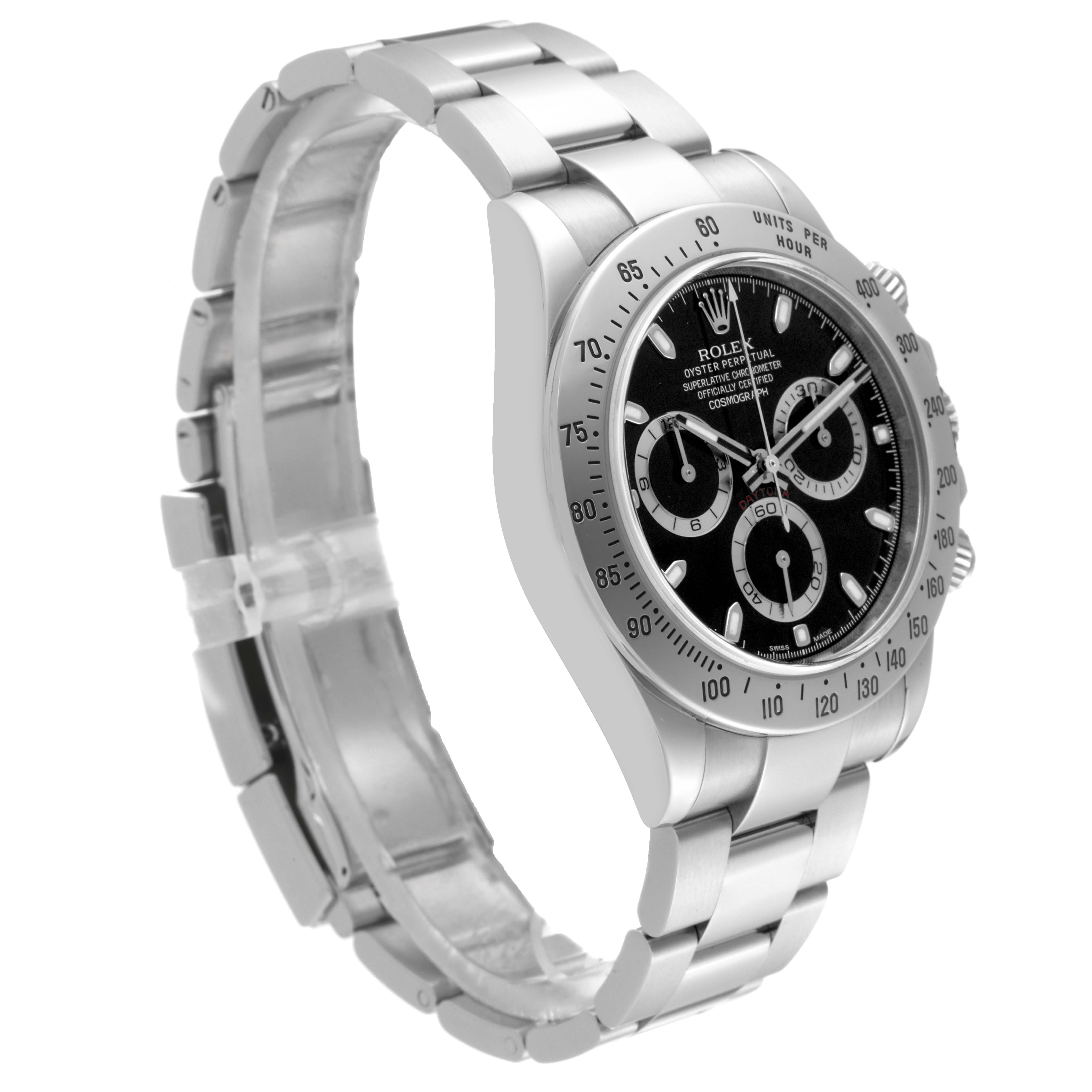The image shows a side-angle view of the Rolex Daytona 116520 Men's Stainless Steel Black Dial 116520 Men's Stainless Steel Black Dial watch, highlighting the bracelet, bezel, and chronograph subdials.