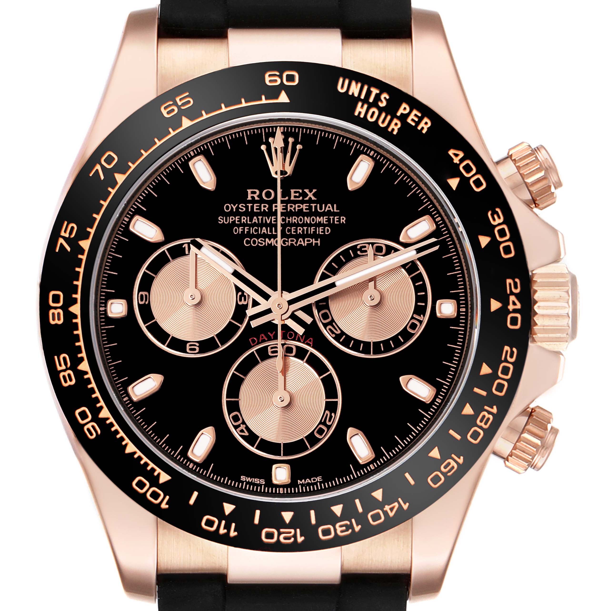 This image shows a front view of a Rolex Daytona 116515 Men's Rose Gold Black Dial 116515 Men's Rose Gold Black Dial watch, highlighting the dial, chronograph subdials, and bezel.