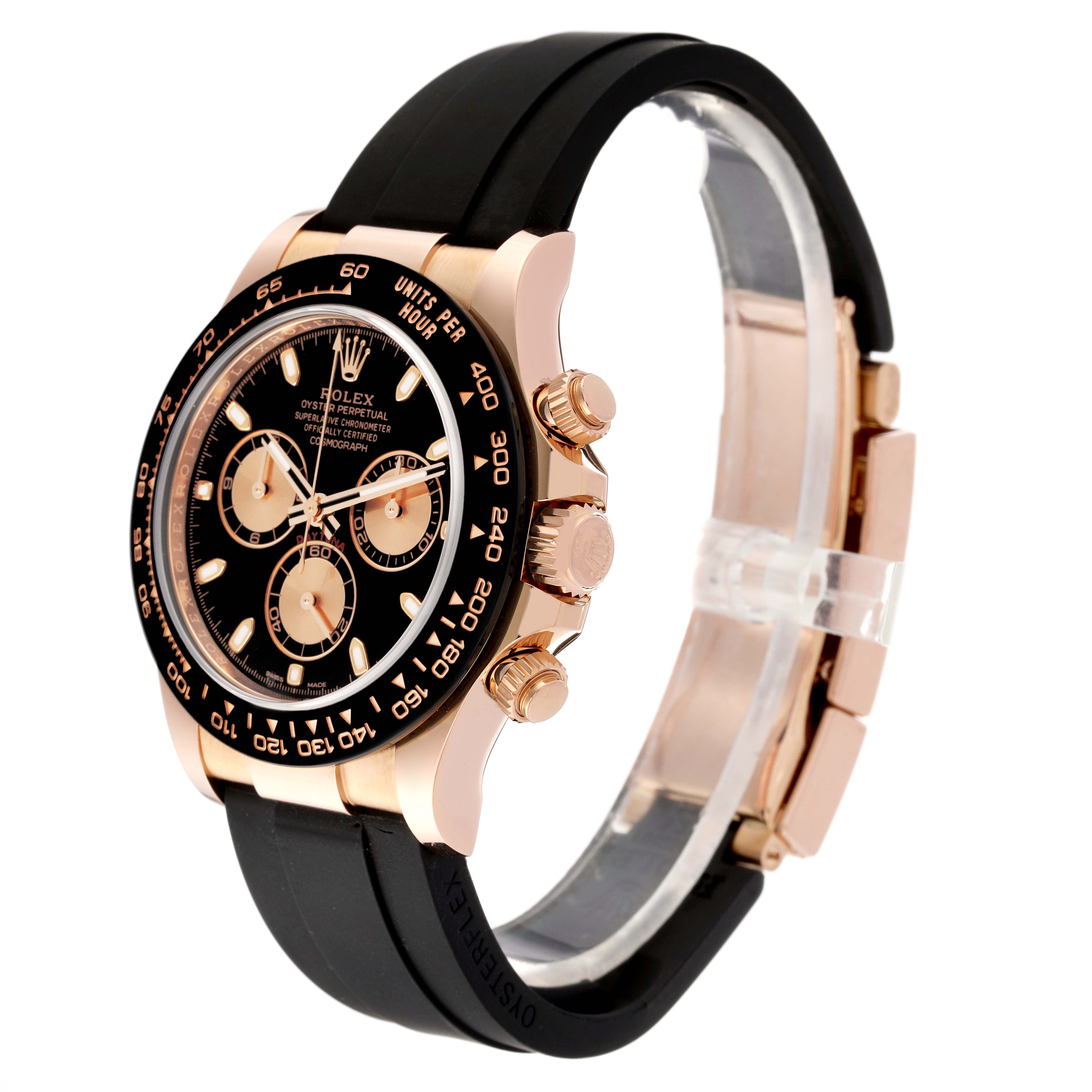 The image shows a Rolex Daytona 116515 Men's Rose Gold Black Dial 116515 Men's Rose Gold Black Dial watch from a three-quarter angle, showcasing the dial, bezel, chronograph buttons, and rubber strap.