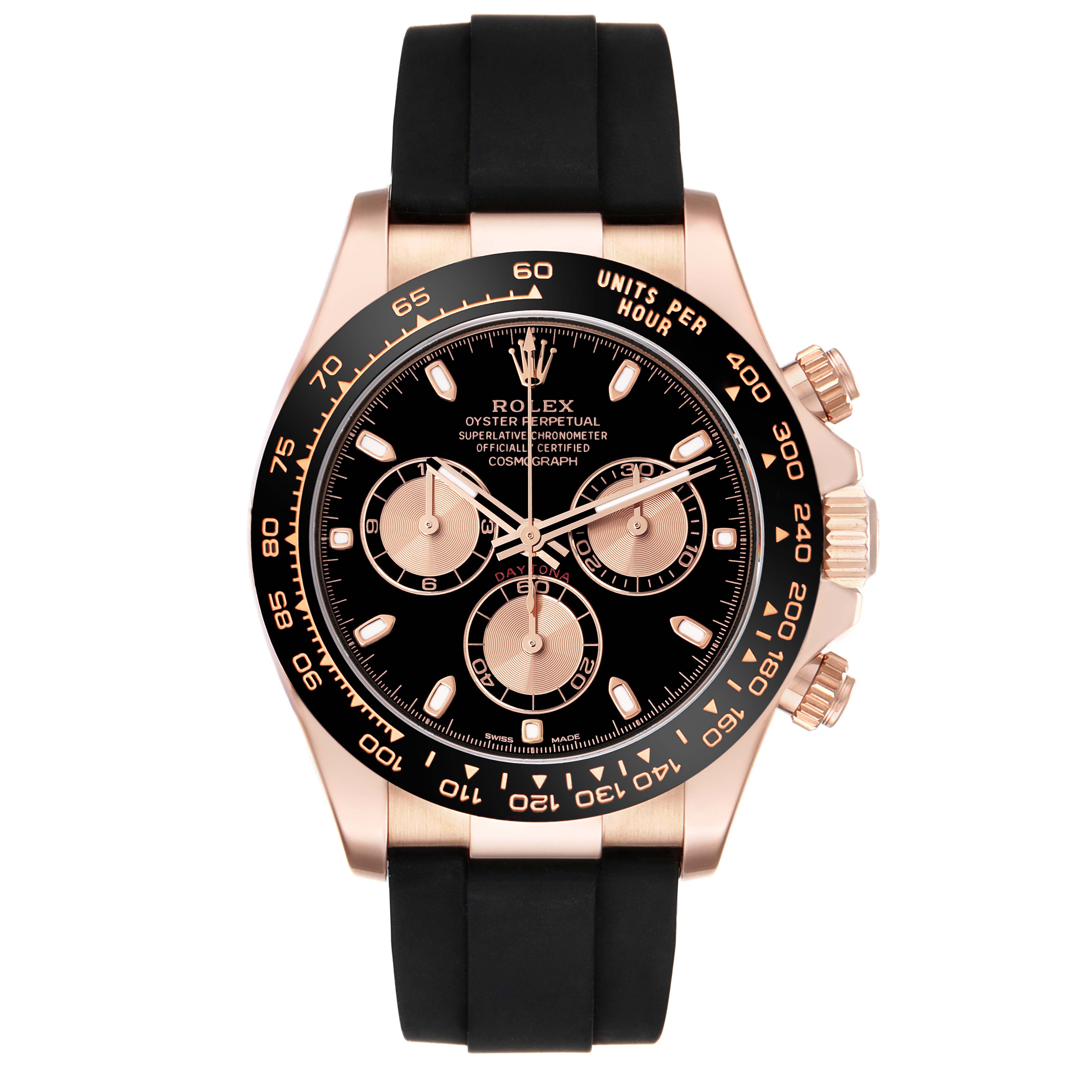 The image shows a frontal view of a Rolex Daytona 116515 Men's Rose Gold Black Dial 116515 Men's Rose Gold Black Dial watch with a black dial, three sub-dials, and a black strap.