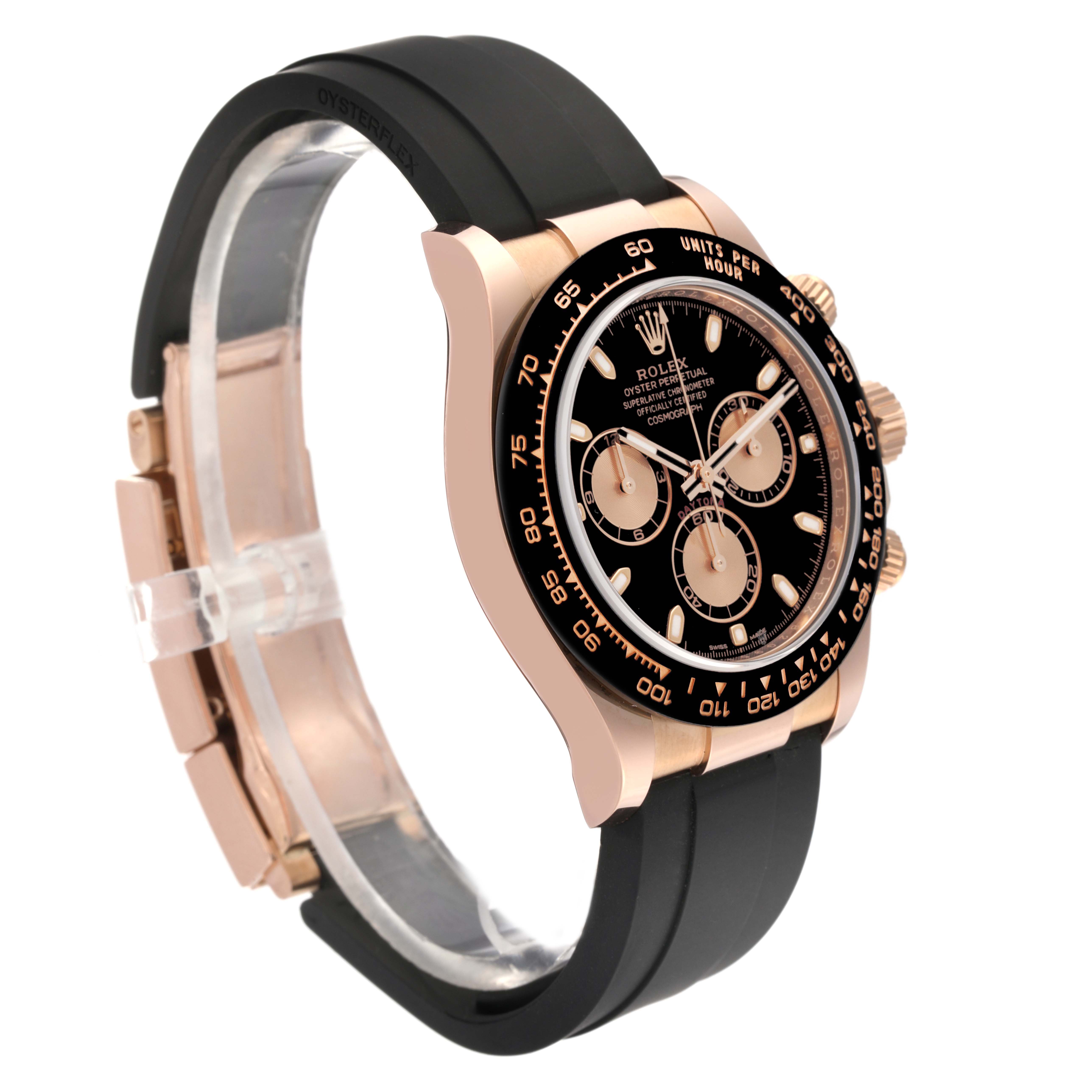 This Rolex Daytona 116515 Men's Rose Gold Black Dial 116515 Men's Rose Gold Black Dial watch is shown at a three-quarter angle highlighting its rose gold case, black bezel, and black rubber strap.