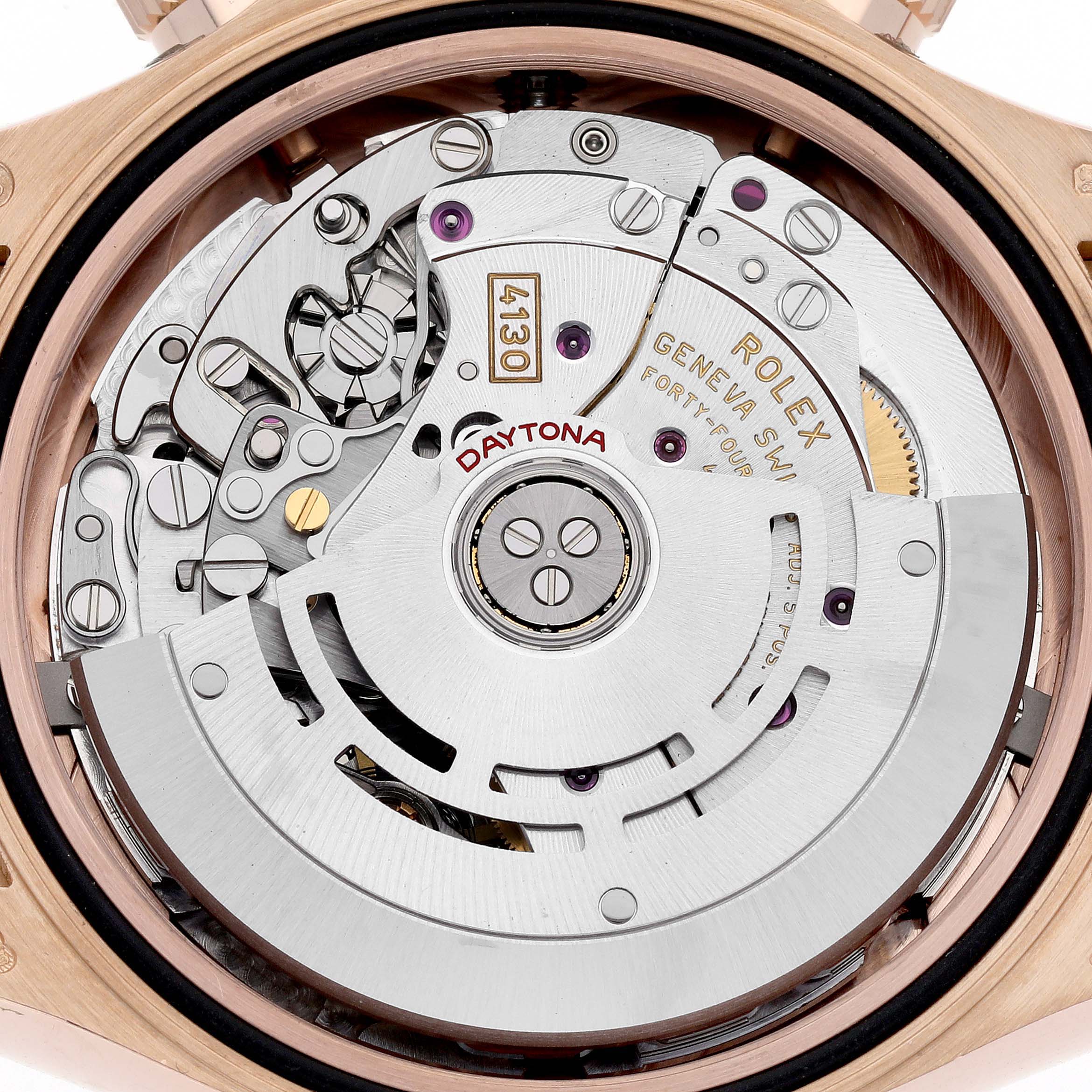 This image shows the internal movement mechanism and rotor of a Rolex Daytona 116515 Men's Rose Gold Black Dial 116515 Men's Rose Gold Black Dial watch from a top view angle.