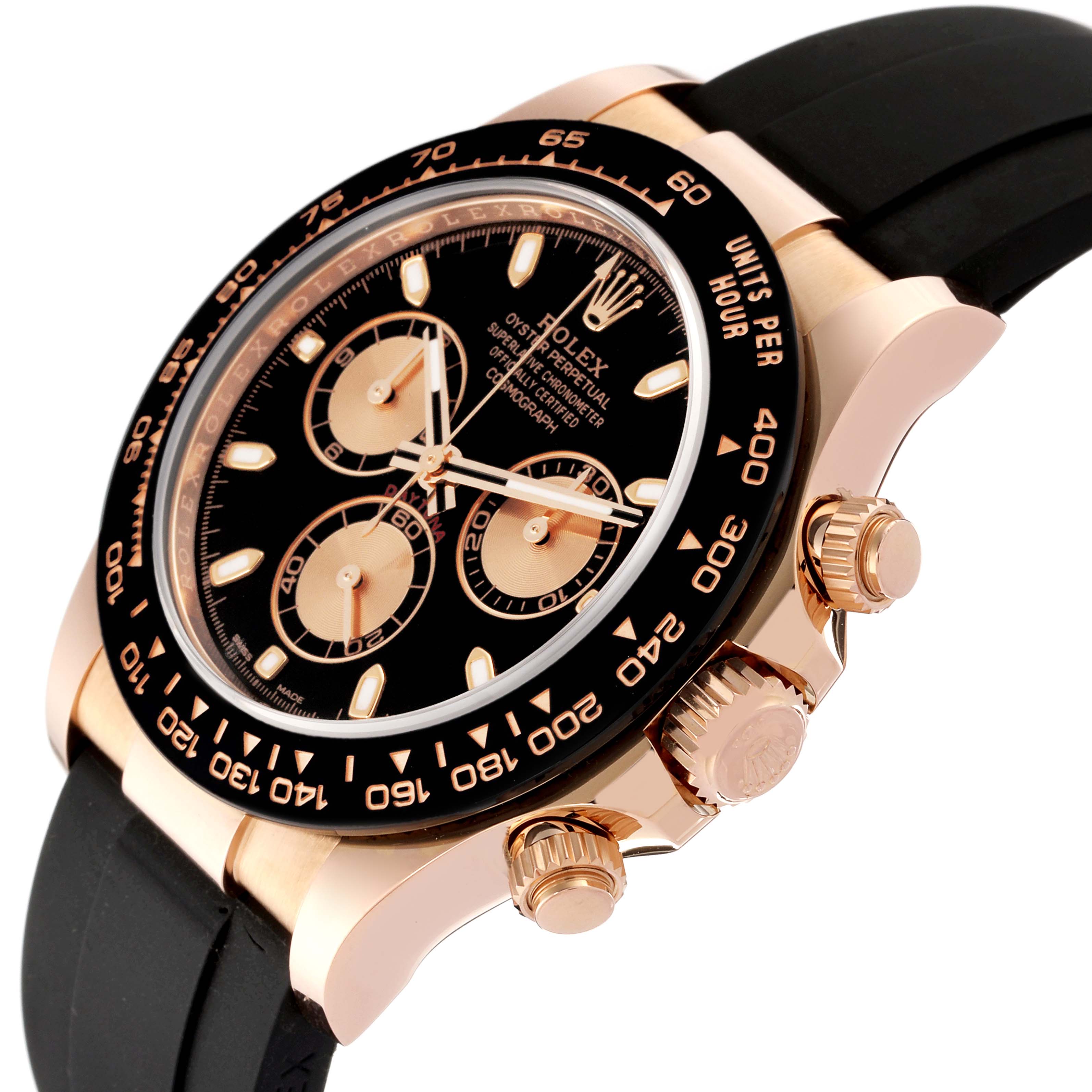 This image shows a close-up angled view of the Rolex Daytona 116515 Men's Rose Gold Black Dial 116515 Men's Rose Gold Black Dial watch, highlighting the face, bezel, and side buttons.