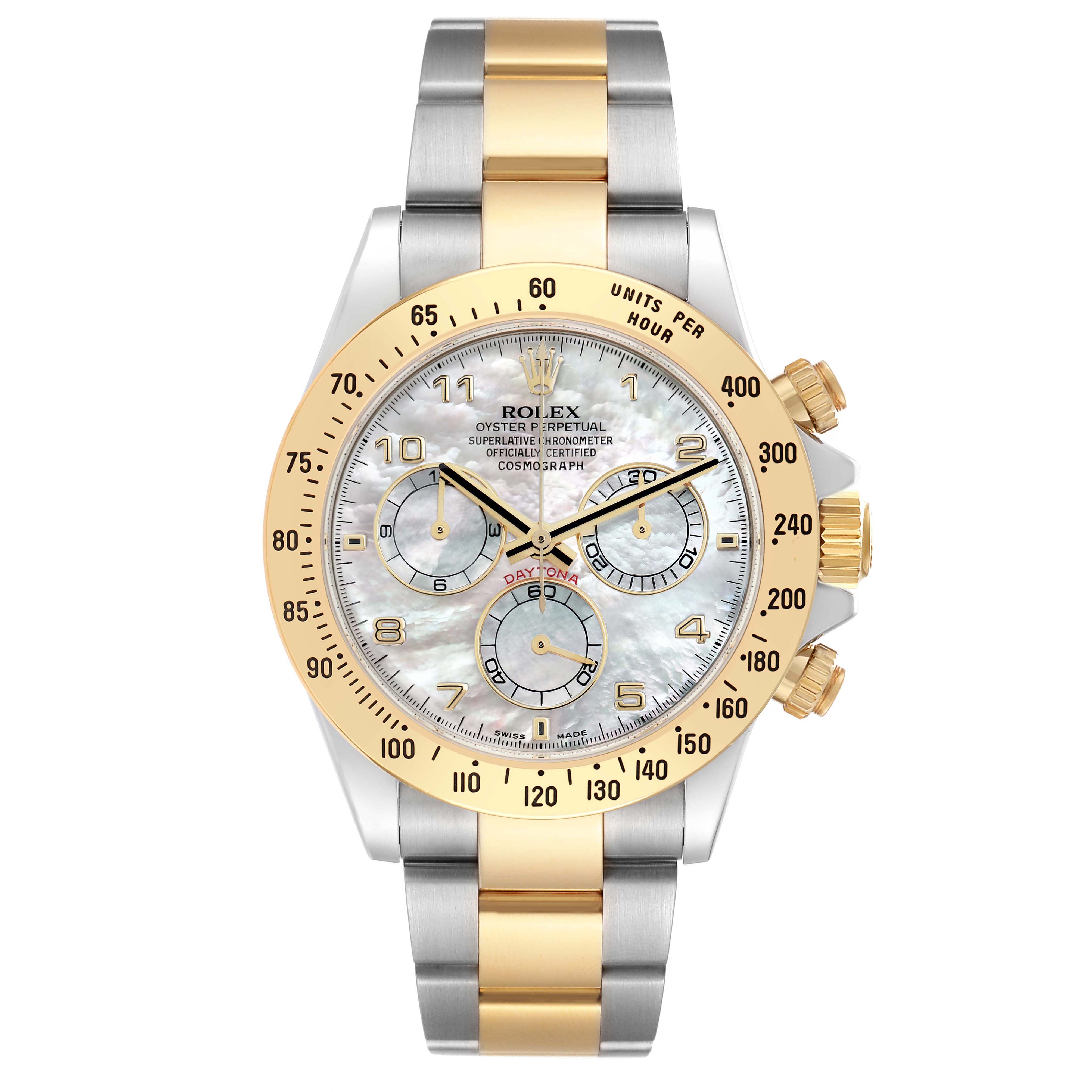 The Rolex Daytona 116523 Men's Steel and Gold (two tone) Mother of Pearl Dial watch is shown from the front, highlighting the dial, bezel, and mixed metal bracelet.
