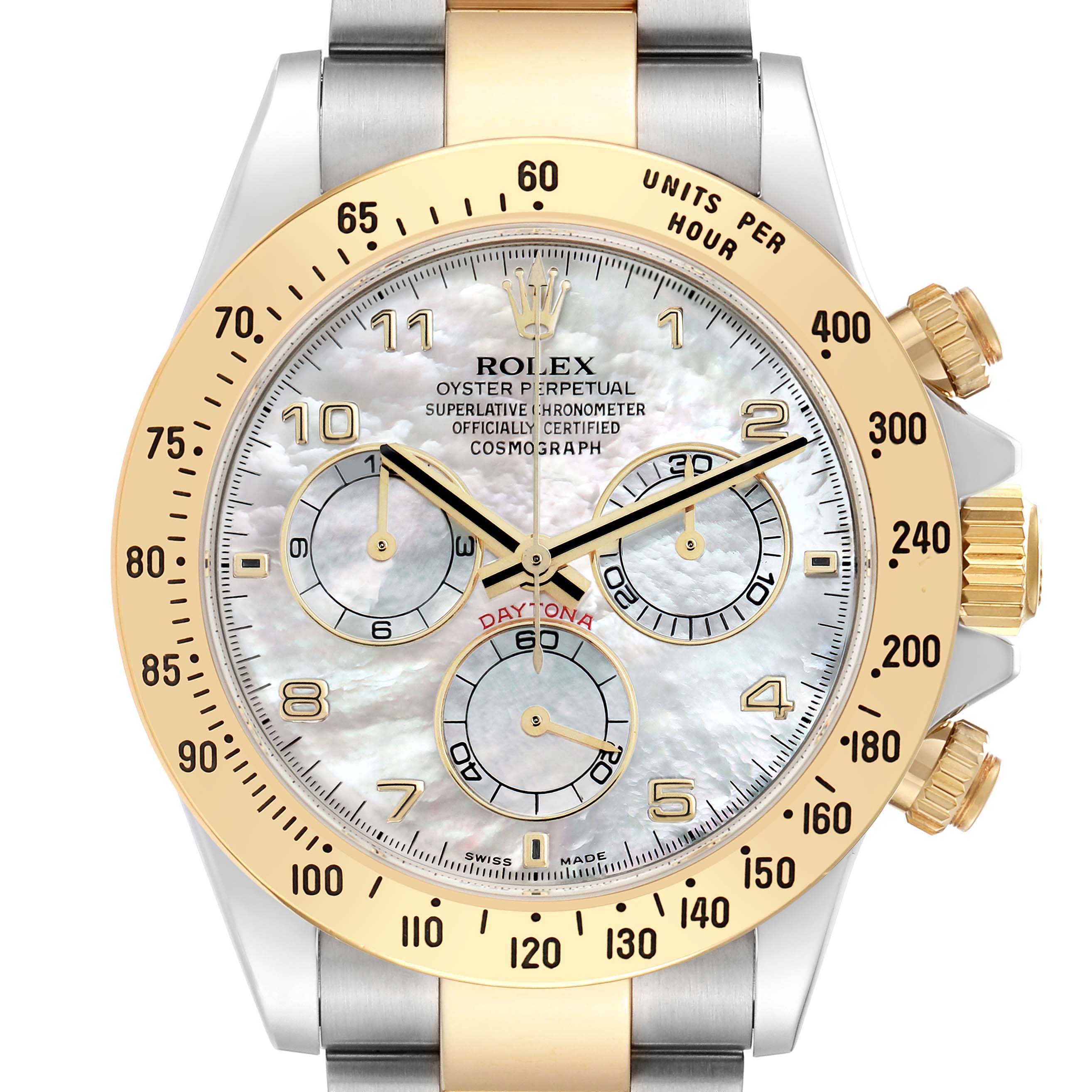 The Rolex Daytona 116523 Men's Steel and Gold (two tone) Mother of Pearl Dial watch is shown from the front, highlighting the gold bezel, dial, subdials, and crown.