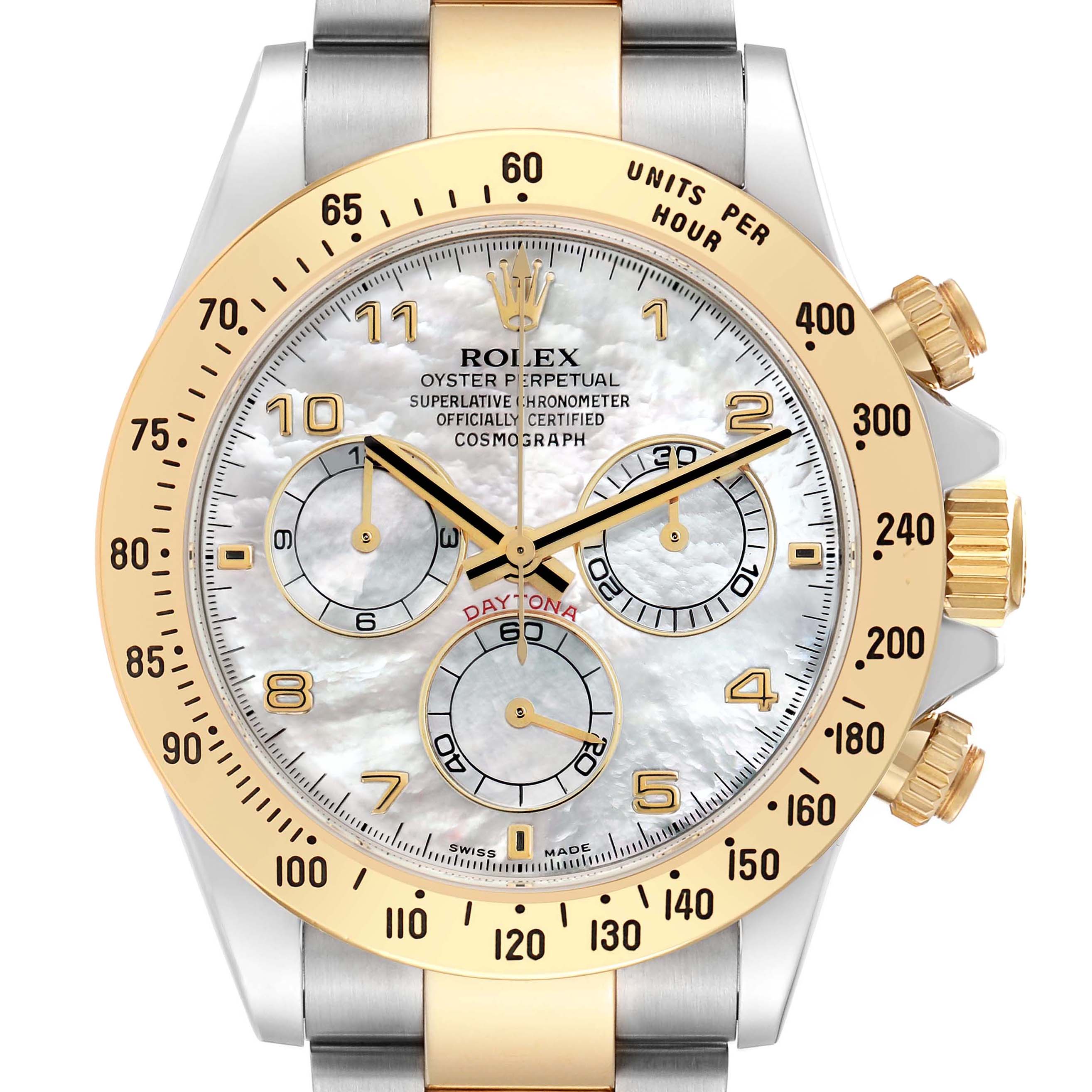 The Rolex Daytona 116523 Men's Steel and Gold (two tone) Mother of Pearl Dial watch is shown from a front angle, highlighting its bezel, dial, sub-dials, and crown.