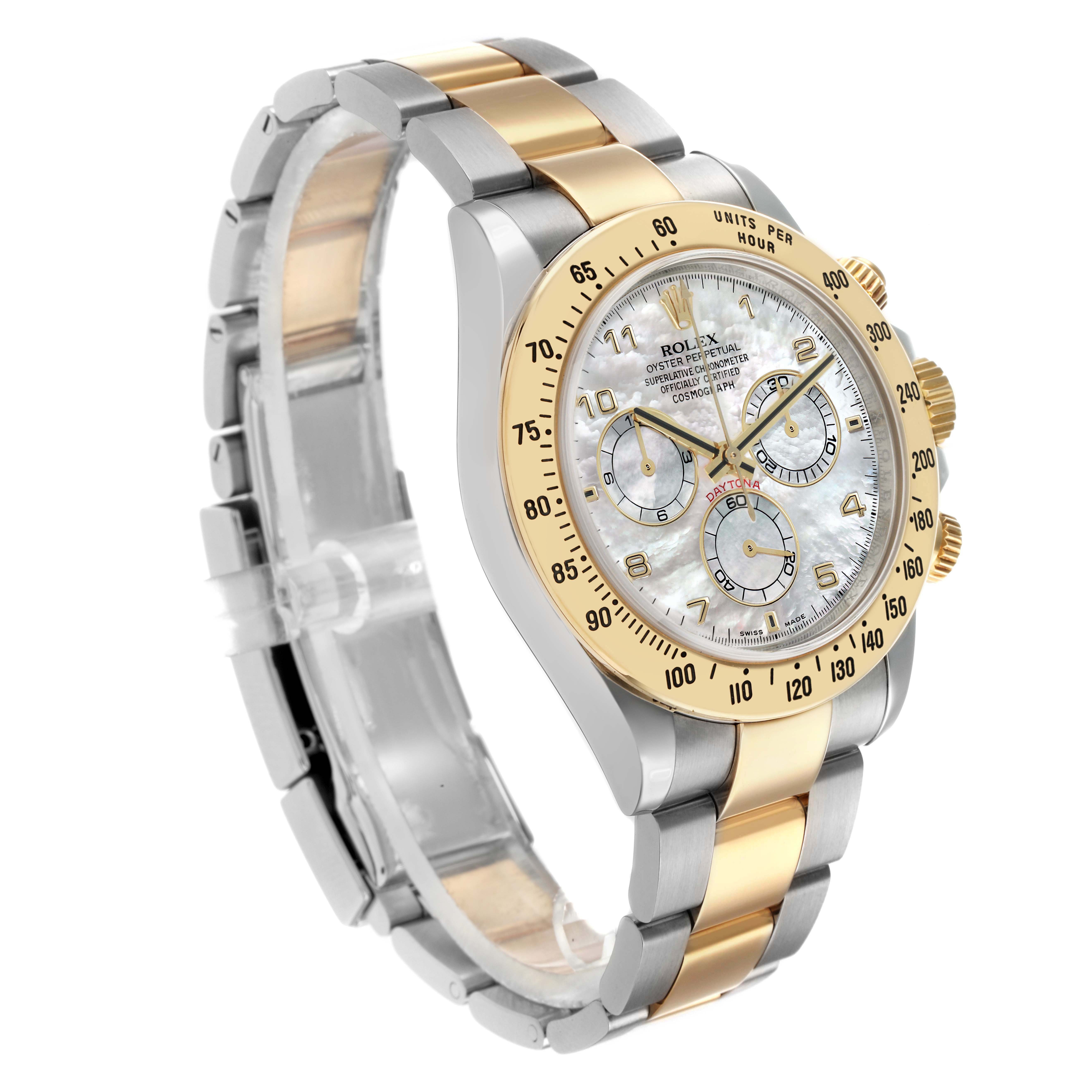 The Rolex Daytona 116523 Men's Steel and Gold (two tone) Mother of Pearl Dial watch is shown at a three-quarter angle, highlighting its dial, bezel, and two-tone bracelet.