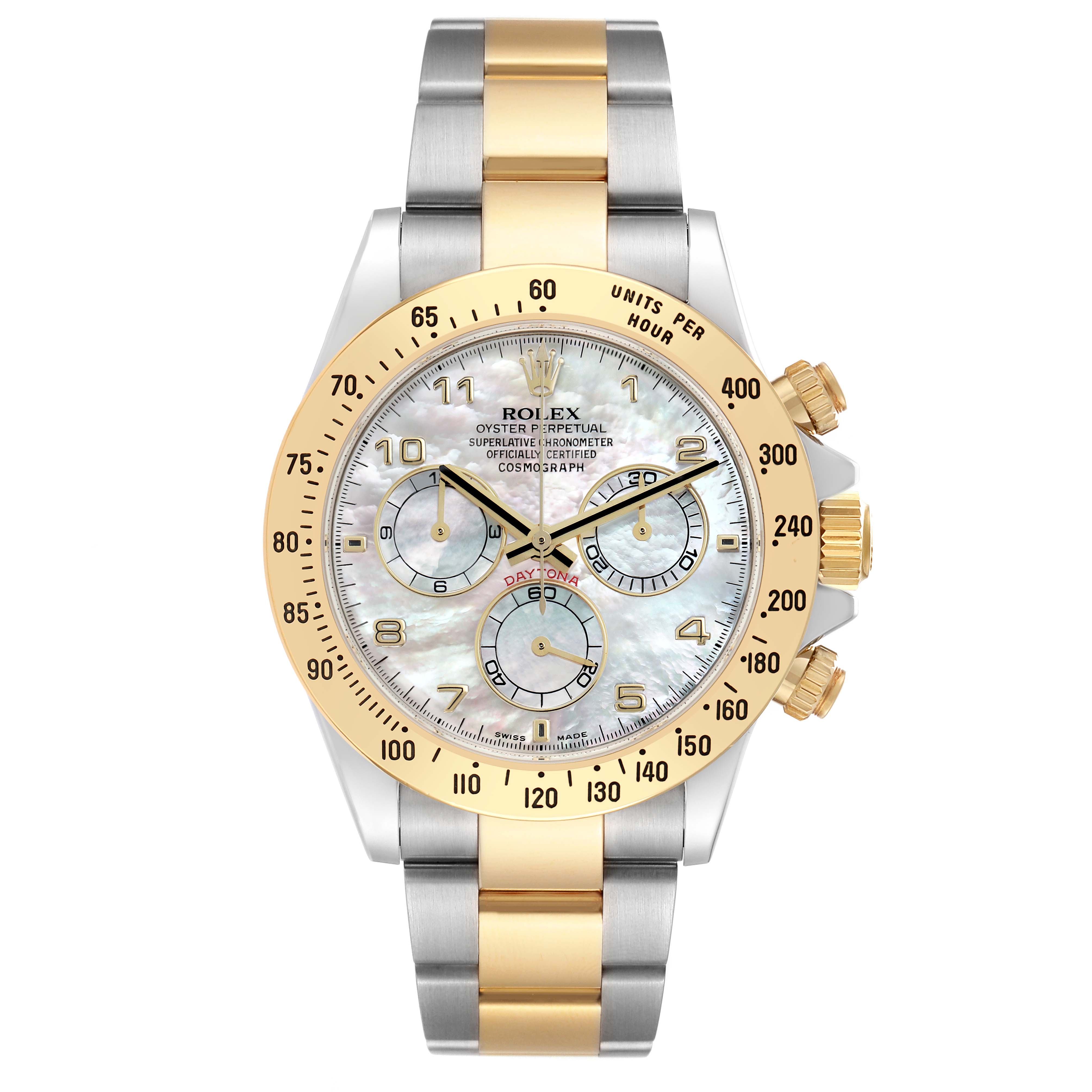 The image shows a front view of a Rolex Daytona 116523 Men
s Steel and Gold (two tone) Mother of Pearl Dial watch with a gold and silver bracelet and three subdials on the mother-of-pearl face.