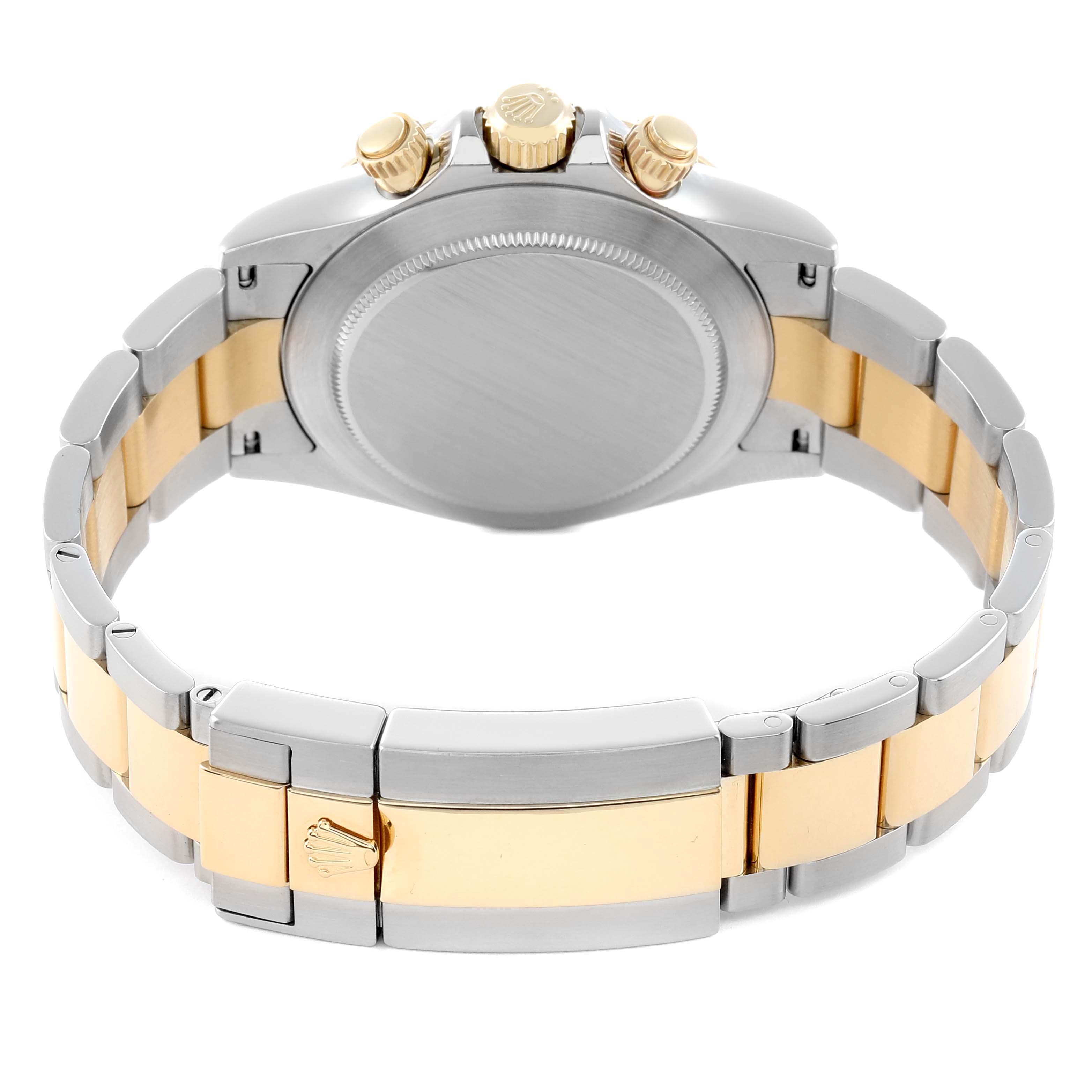 The image shows the back and side of a Rolex Daytona 116523 Men
s Steel and Gold (two tone) Mother of Pearl Dial, featuring the case back, crown, and two-tone bracelet.