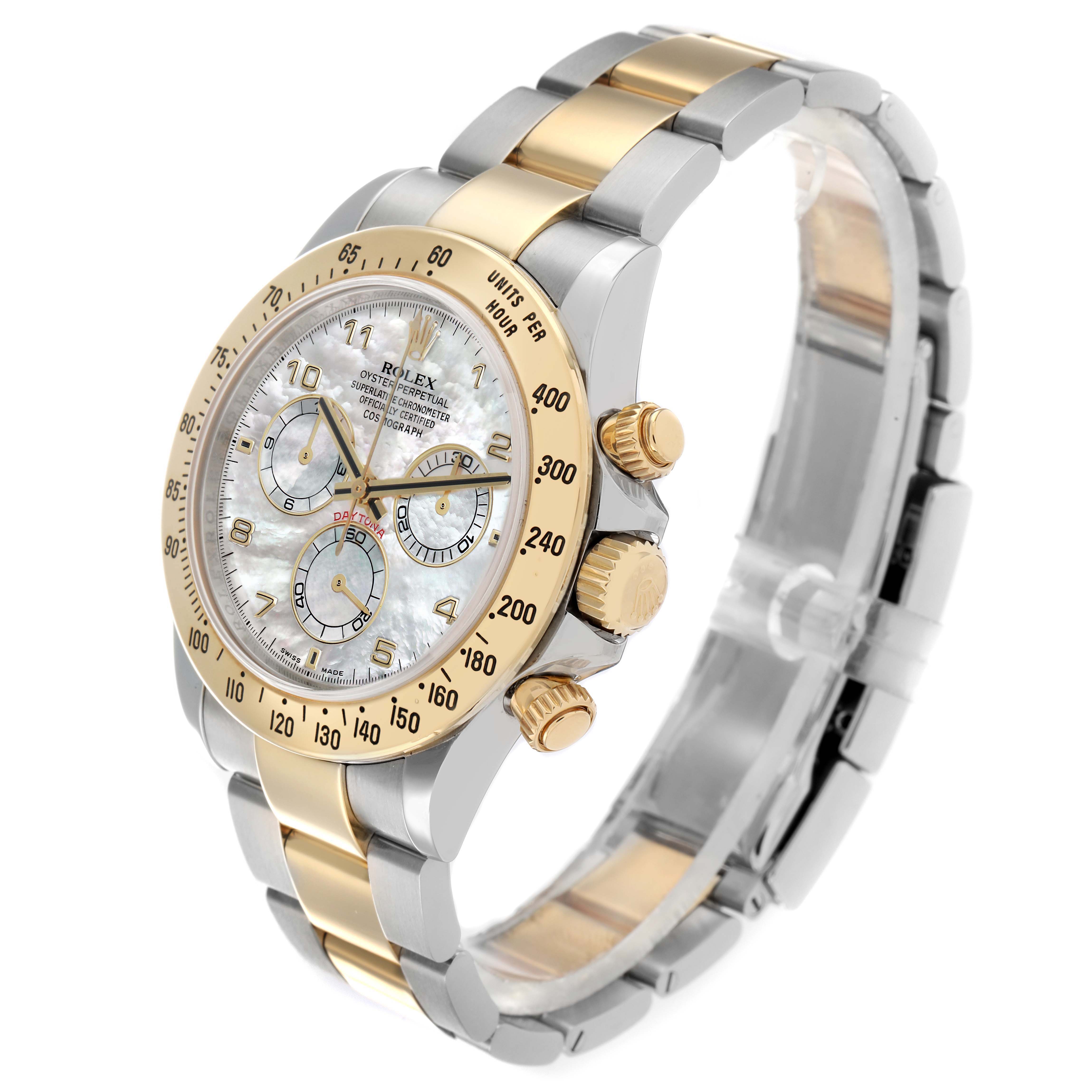 The Rolex Daytona 116523 Men's Steel and Gold (two tone) Mother of Pearl Dial watch is shown at a three-quarter angle, highlighting its dial, bezel, crown, and bracelet.