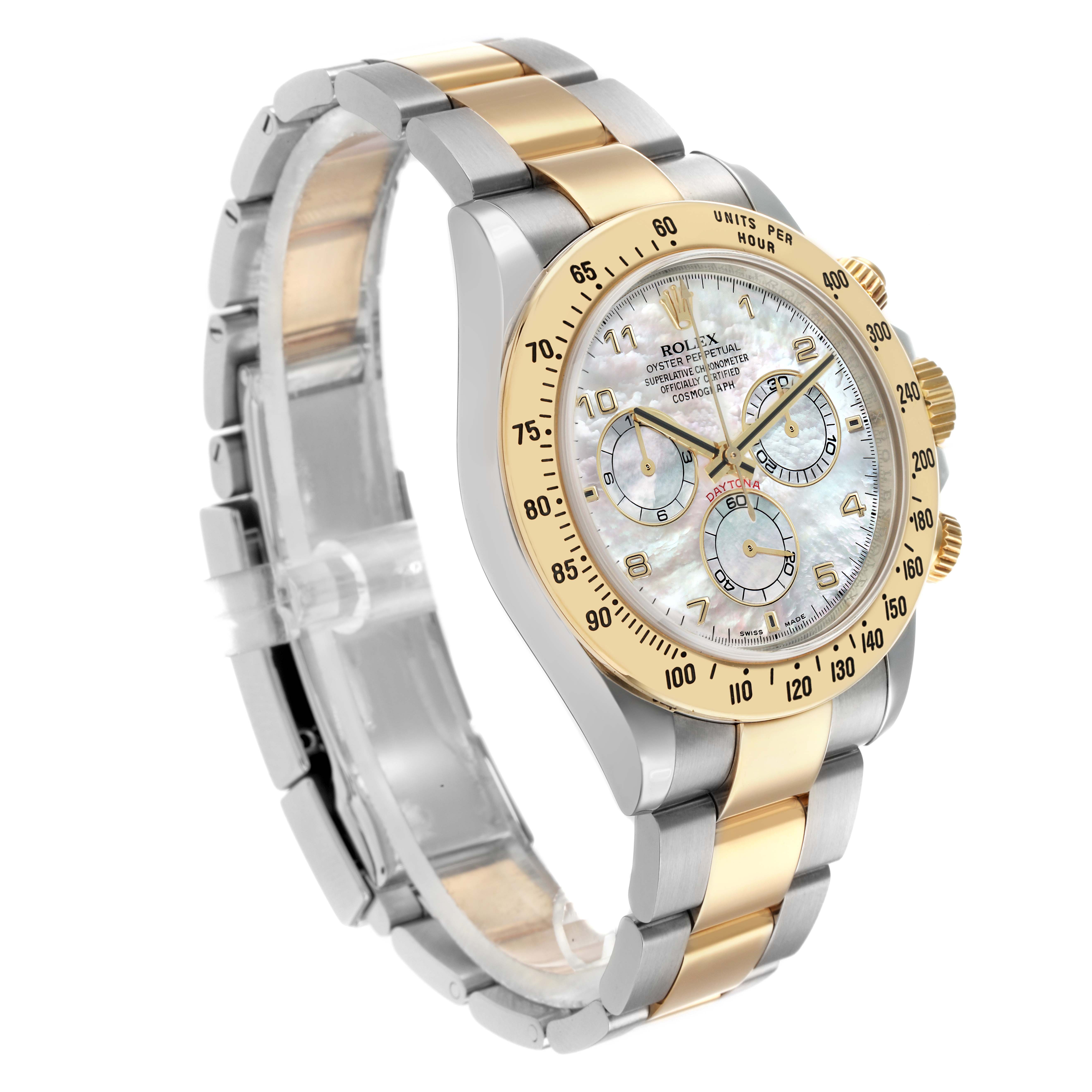 The image shows a Rolex Daytona 116523 Men
s Steel and Gold (two tone) Mother of Pearl Dial watch at a three-quarter angle, highlighting the bezel, dial, and bracelet.