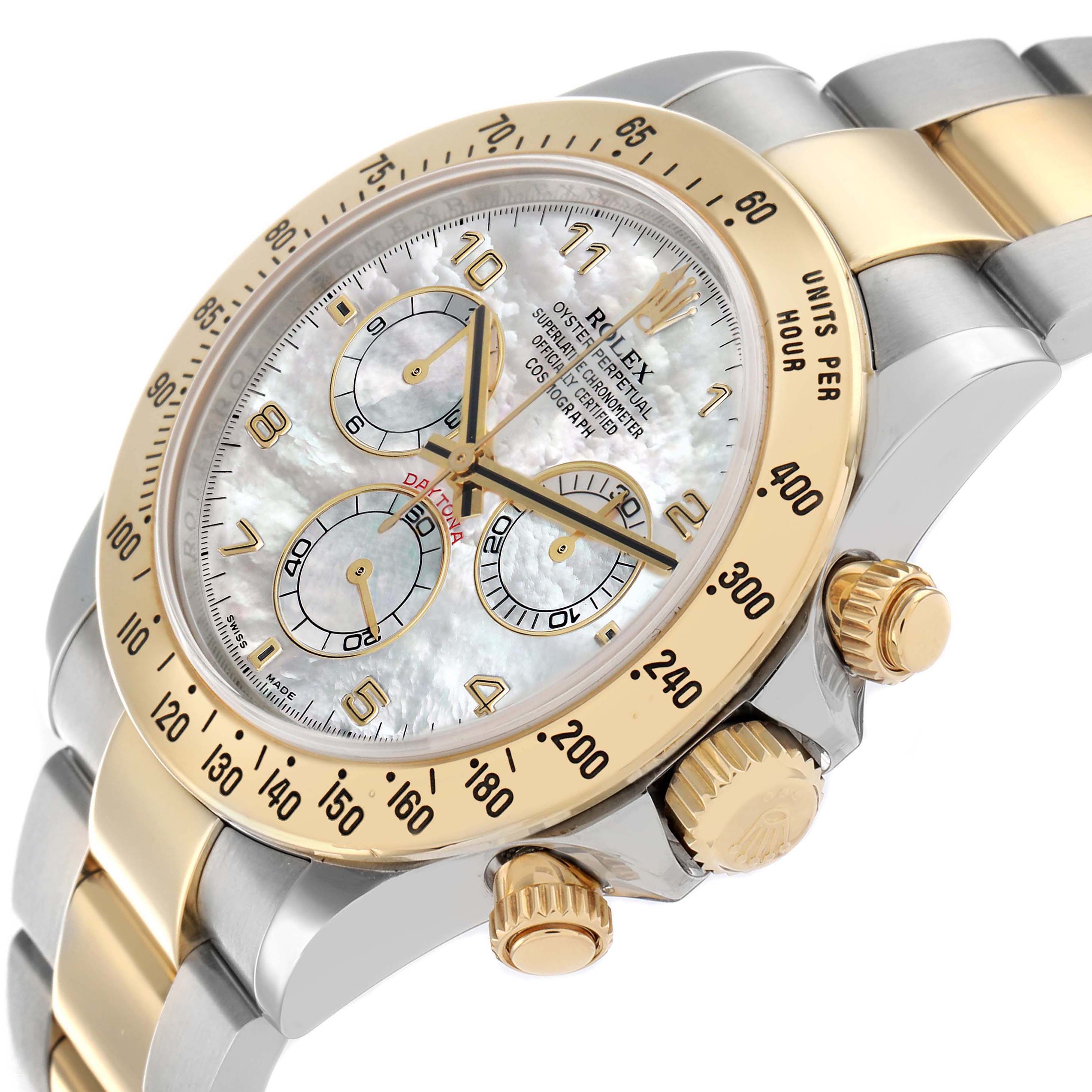The Rolex Daytona 116523 Men's Steel and Gold (two tone) Mother of Pearl Dial watch is shown at an angle highlighting the bezel, dial, crown, and part of the bracelet.