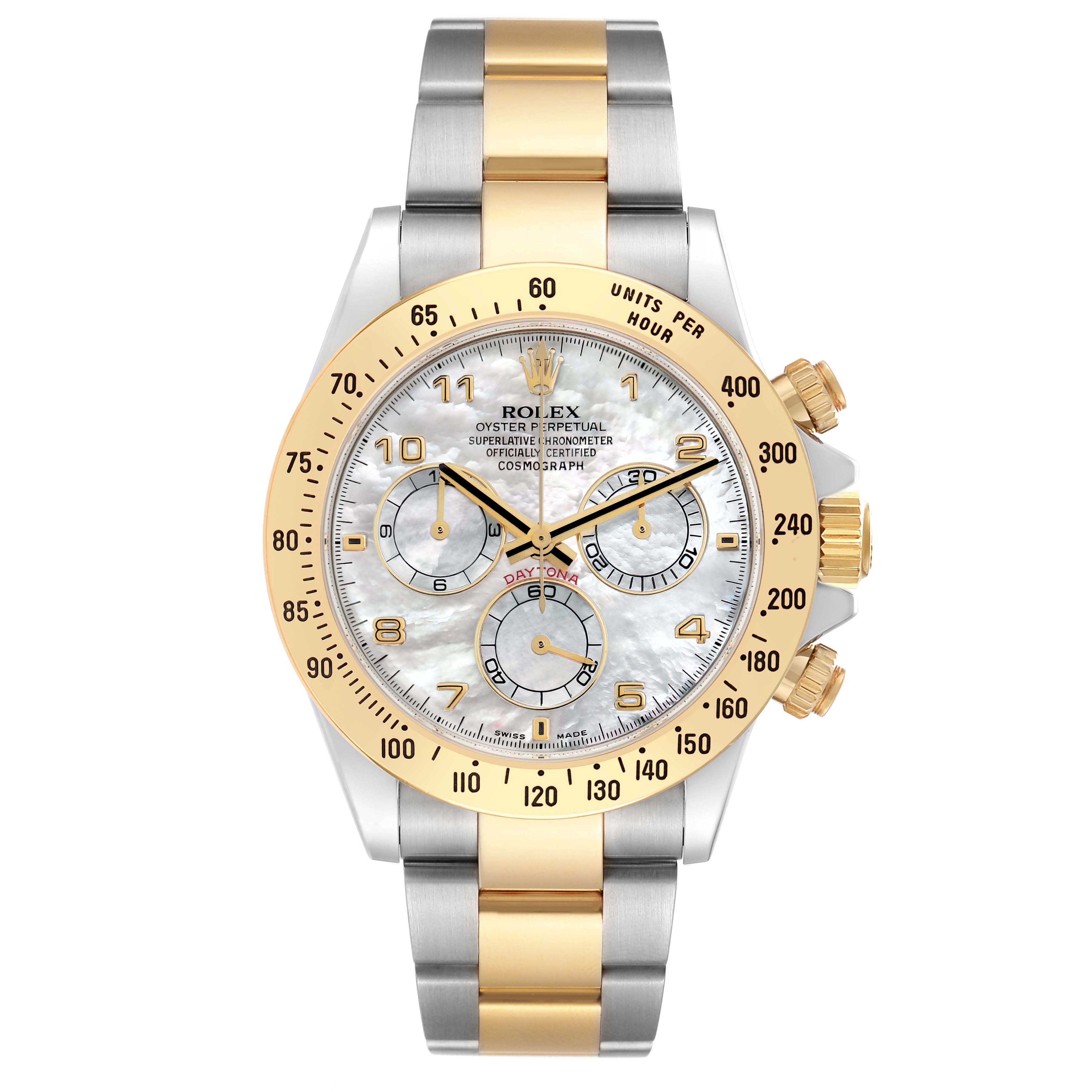 The Rolex Daytona 116523 Men's Steel and Gold (two tone) Mother of Pearl Dial watch is shown from the front, highlighting its dial, bezel, and two-tone bracelet.