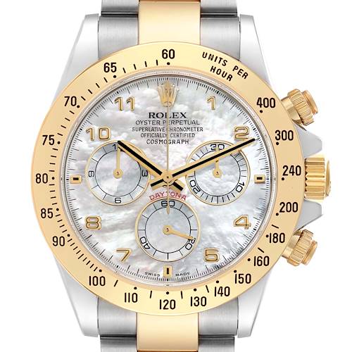 Photo of Rolex Daytona Steel Yellow Gold MOP Dial Mens Watch 116523 Card