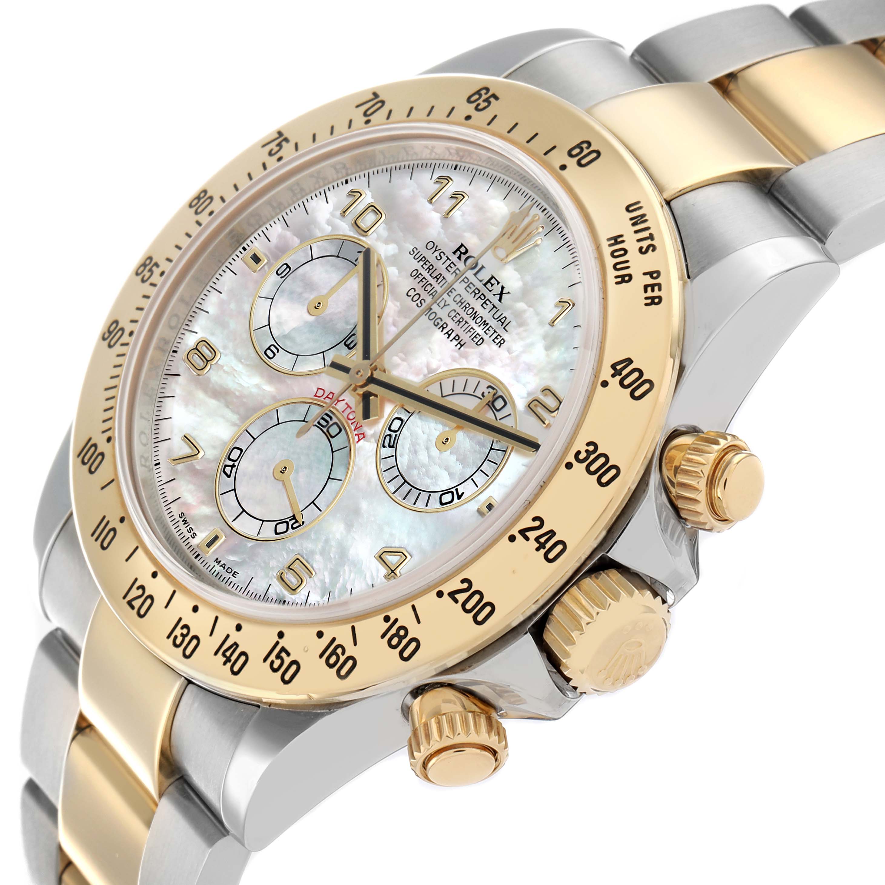 The Rolex Daytona 116523 Men
s Steel and Gold (two tone) Mother of Pearl Dial watch is shown at an angled view highlighting the face, crown, bezel, and part of the bracelet.