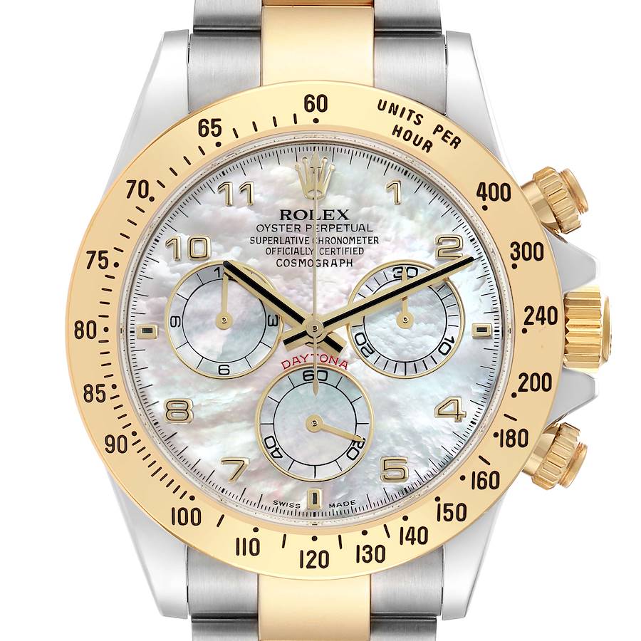 The Rolex Daytona 116523 Men's Steel and Gold (two tone) Mother of Pearl Dial watch is shown from a front angle, highlighting the dial, bezel, pushers, and crown.