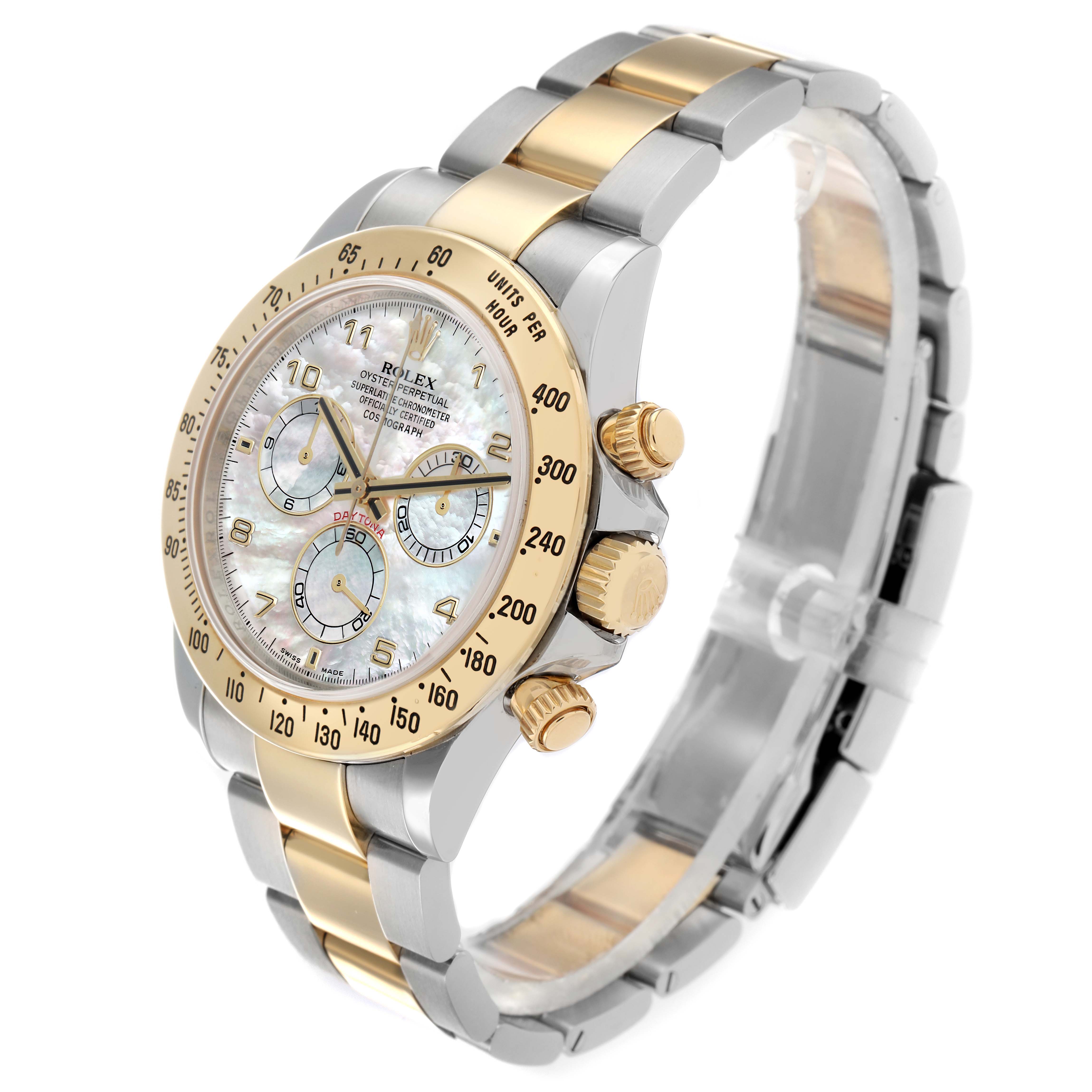 The Rolex Daytona 116523 Men
s Steel and Gold (two tone) Mother of Pearl Dial watch is shown at an angle highlighting the face, bezel, chronograph dials, and a two-tone bracelet.