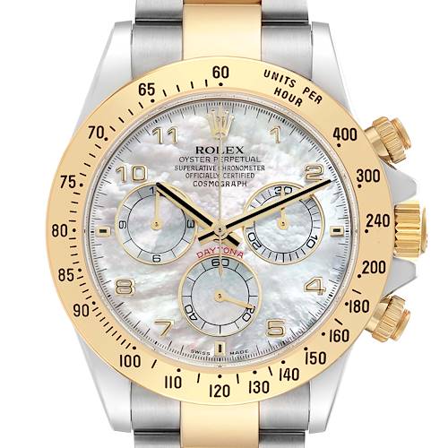 Photo of Rolex Daytona Steel Yellow Gold MOP Dial Mens Watch 116523 Card