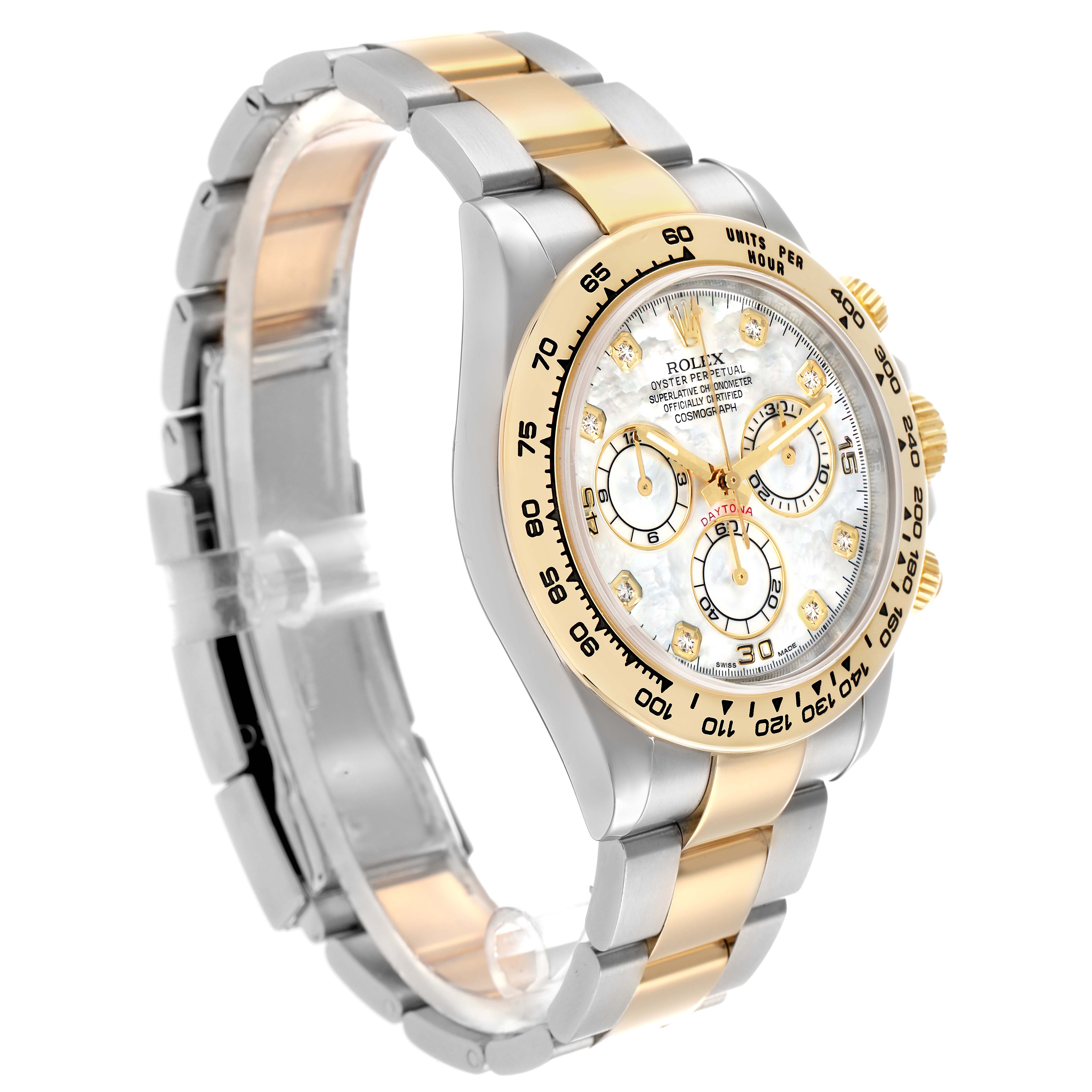 The Rolex Daytona 116503 Men
s Steel and Gold (two tone) Mother of Pearl Dial watch is shown at a three-quarter angle, highlighting its two-tone band, bezel, and dial.