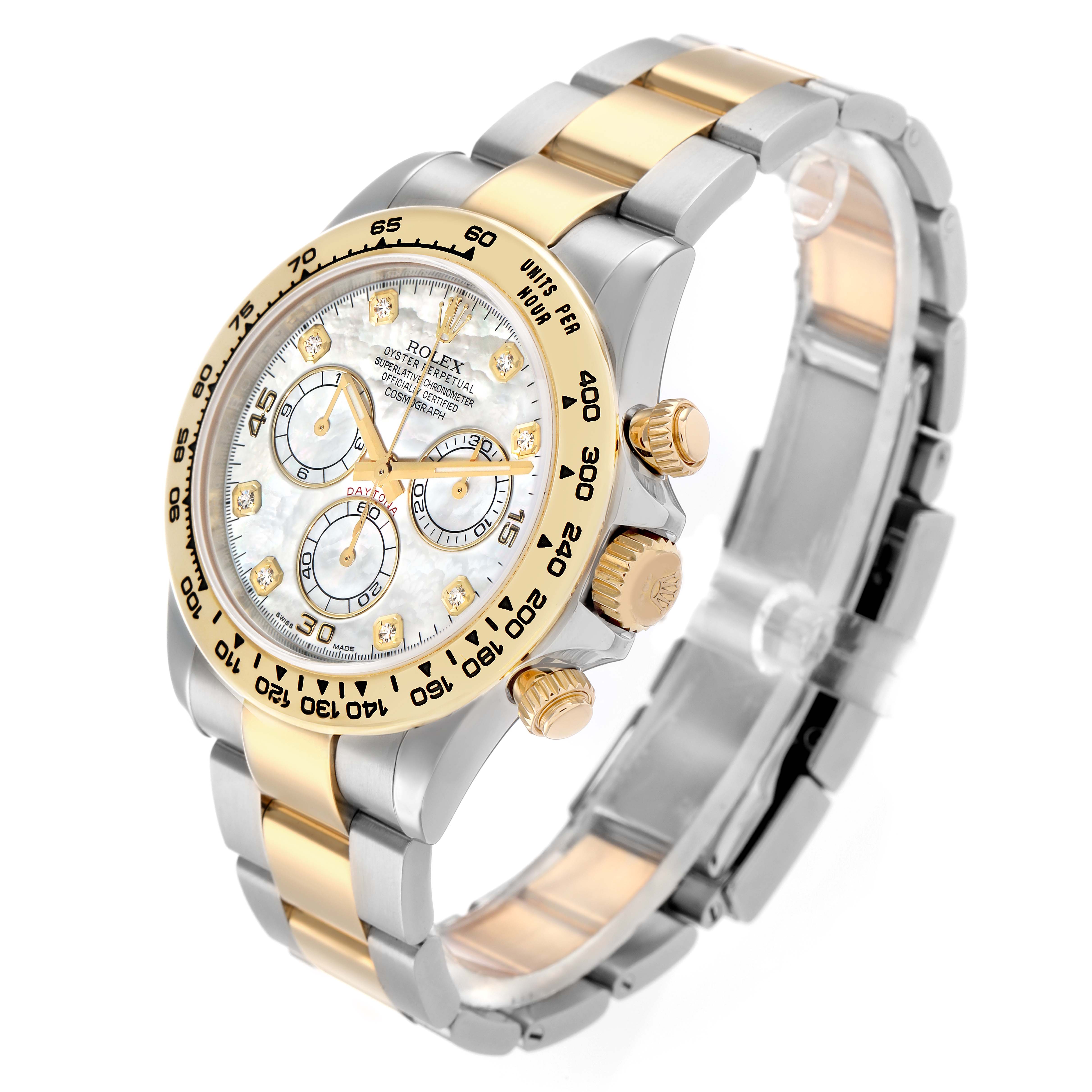 The Rolex Daytona 116503 Men
s Steel and Gold (two tone) Mother of Pearl Dial watch is shown at an angled top view, highlighting the face, bezel, and bracelet.