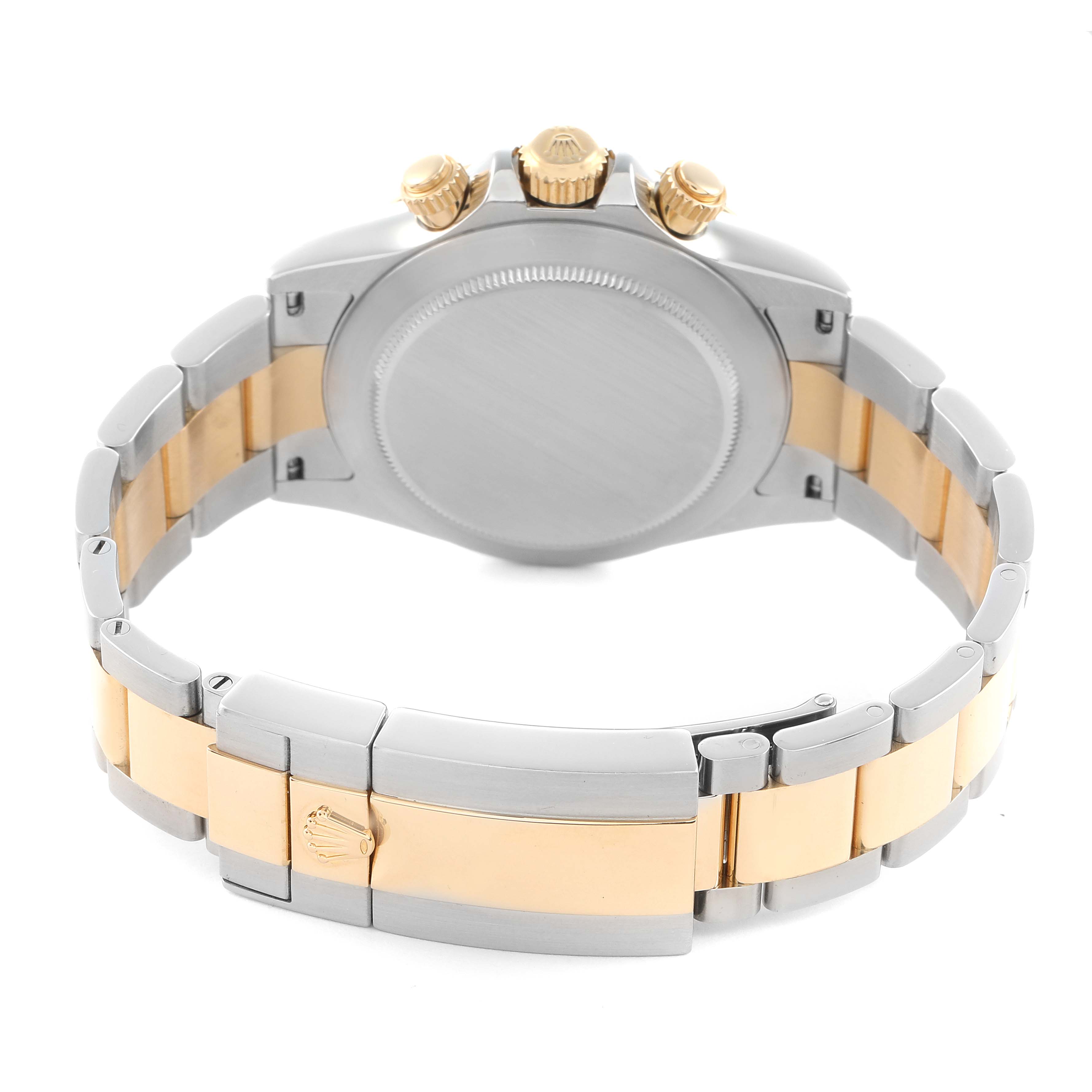 The Rolex Daytona 116503 Men
s Steel and Gold (two tone) Mother of Pearl Dial watch is shown from the back, featuring its bracelet clasp and case back with side view of the crown and pushers.