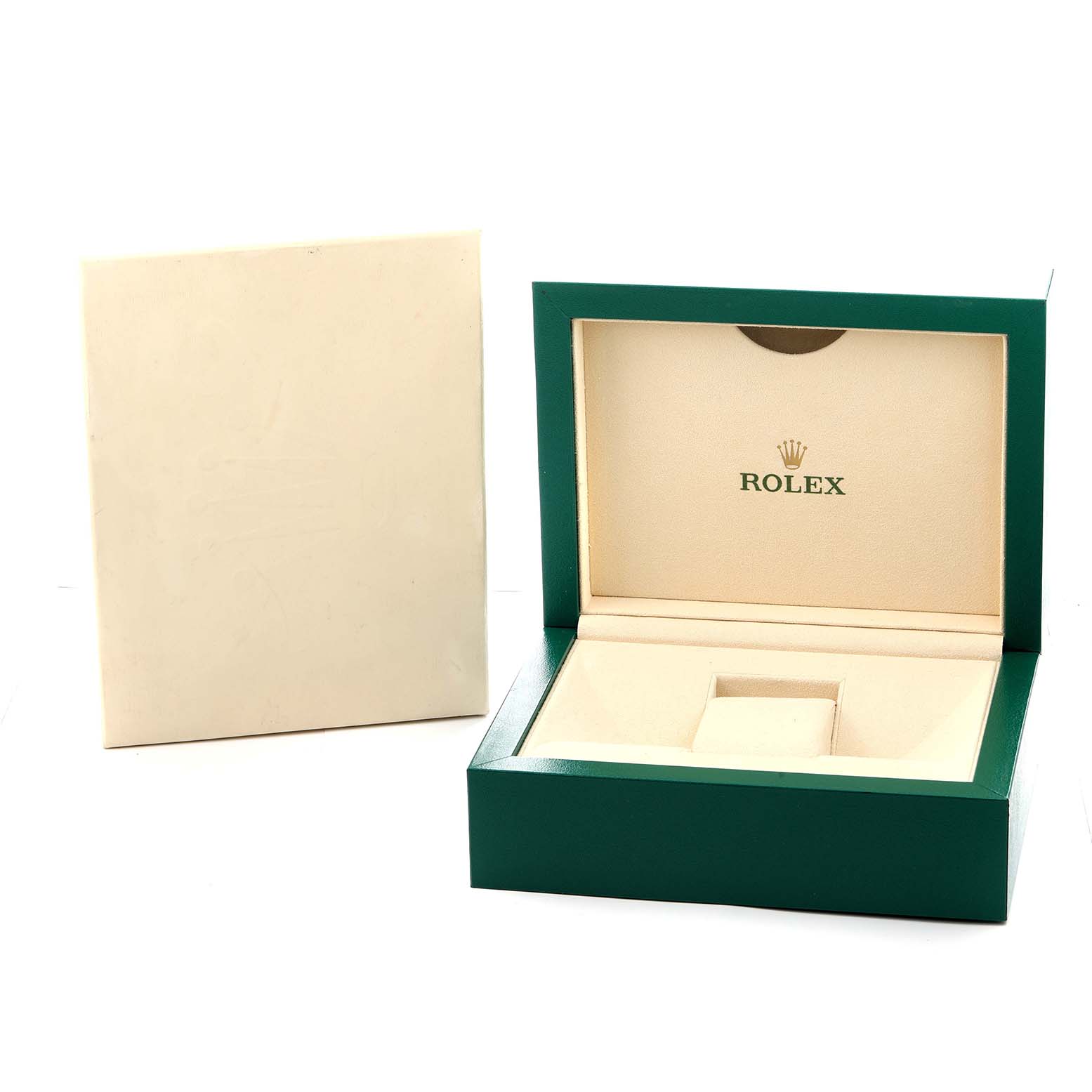 The image shows a Rolex Daytona 116503 Men
s Steel and Gold (two tone) Mother of Pearl Dial watch box with an open lid, displaying the interior and packaging from an angle.