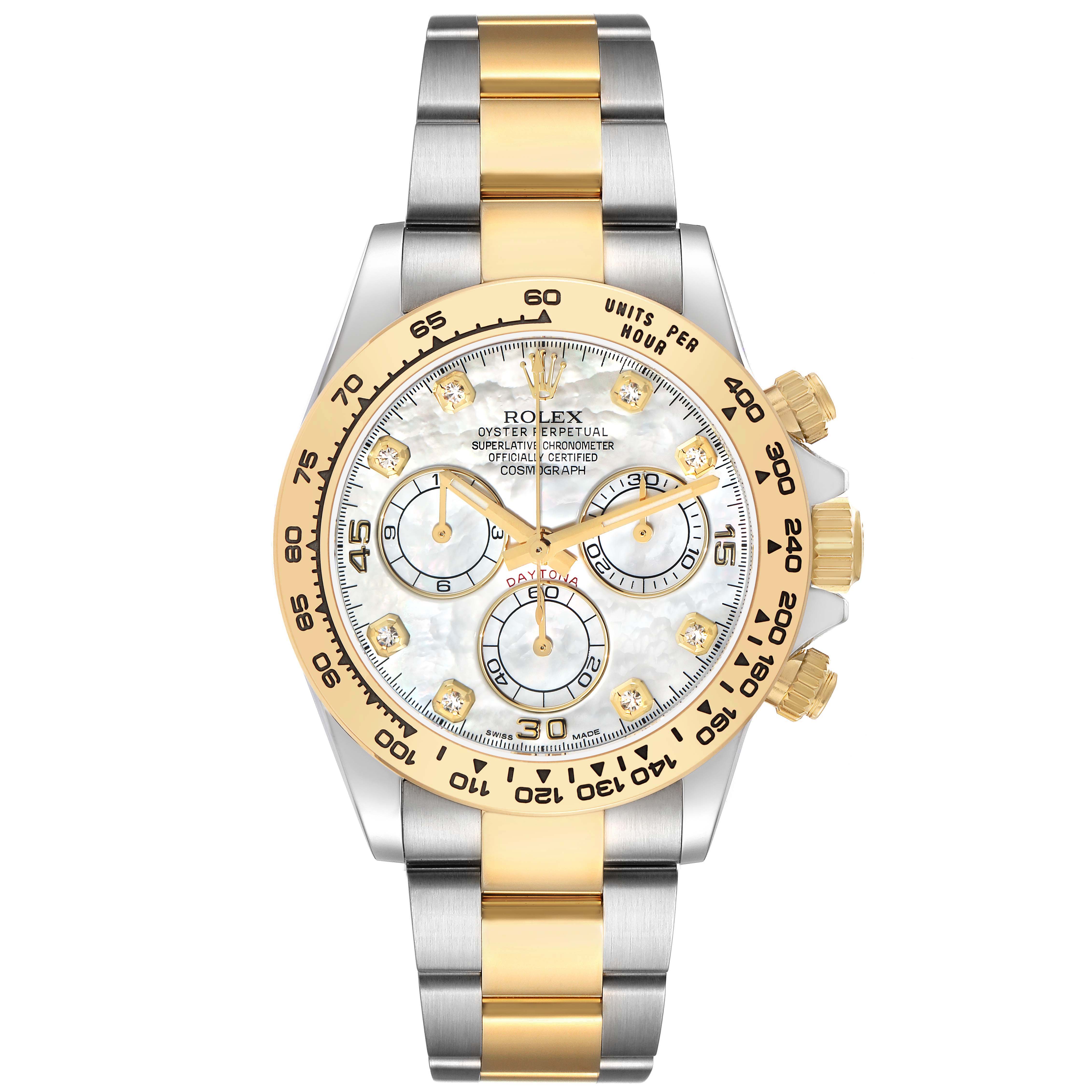 The Rolex Daytona 116503 Men
s Steel and Gold (two tone) Mother of Pearl Dial is shown from a top view, featuring a gold and silver bracelet, a mother-of-pearl dial, and gold subdials.