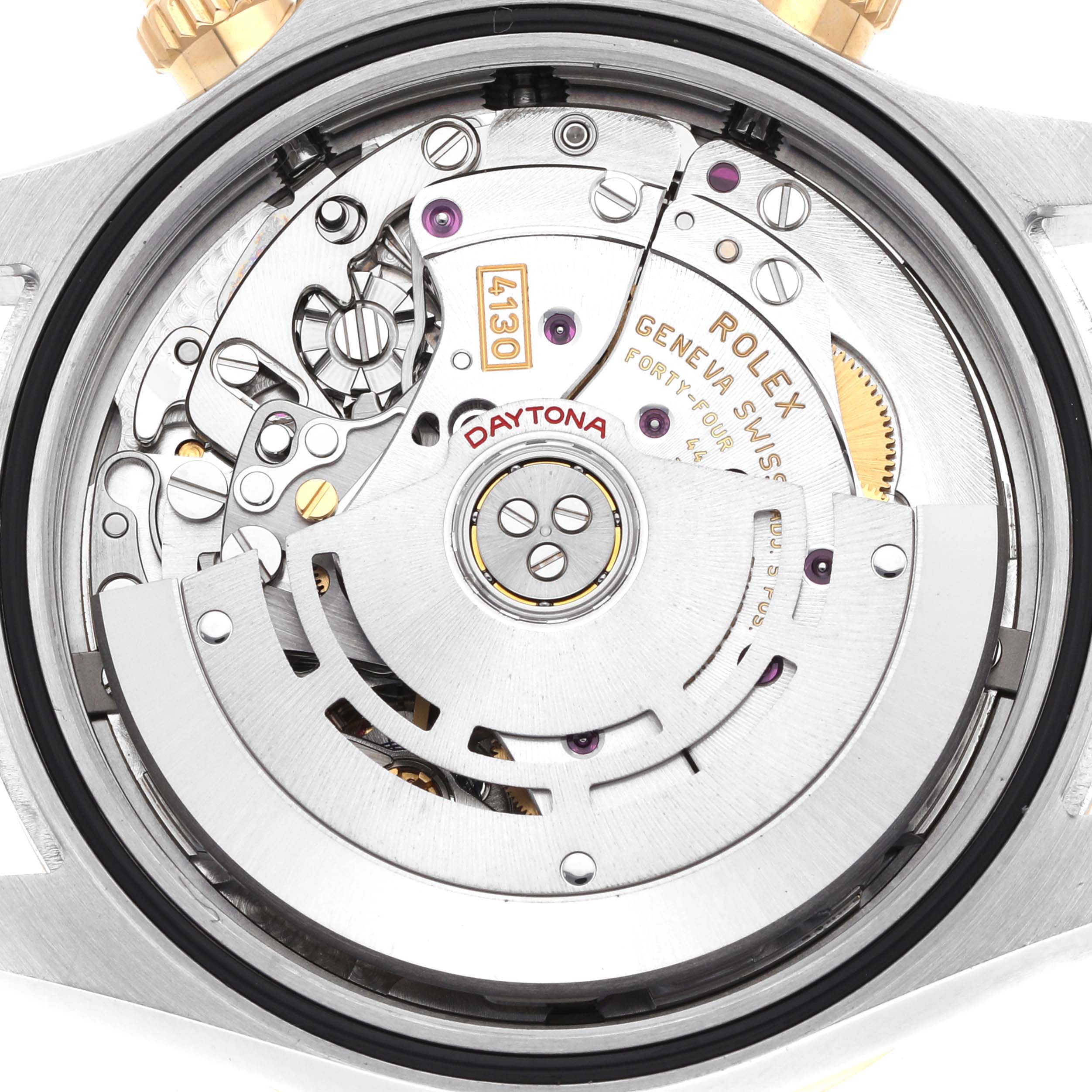 The image shows the back view of a Rolex Daytona 116503 Men
s Steel and Gold (two tone) Mother of Pearl Dial, highlighting its intricate movement and rotor mechanism.