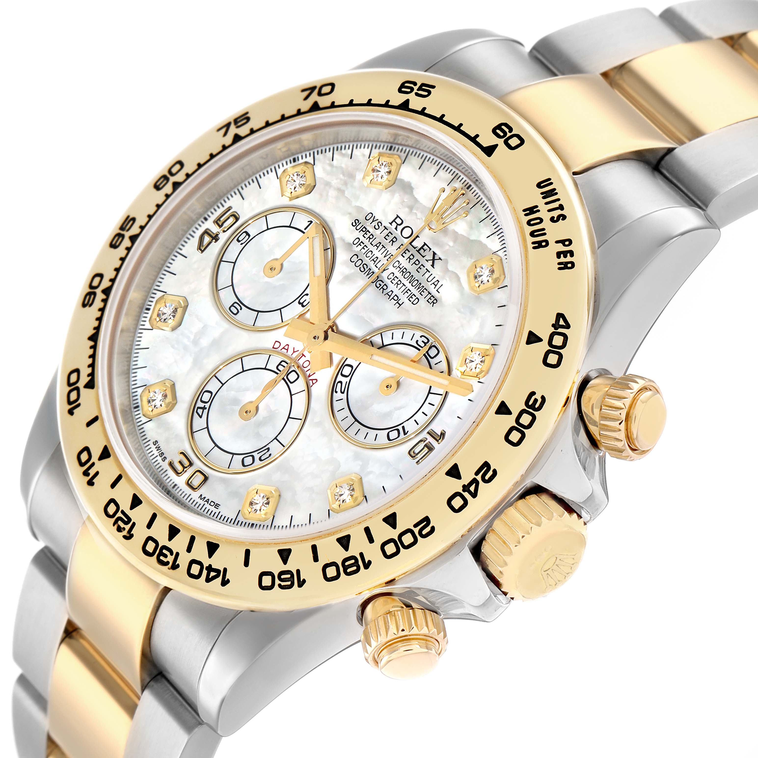 The watch is shown at a slight angle, highlighting the face, bezel, pushers, and part of the band of the Rolex Daytona 116503 Men
s Steel and Gold (two tone) Mother of Pearl Dial.