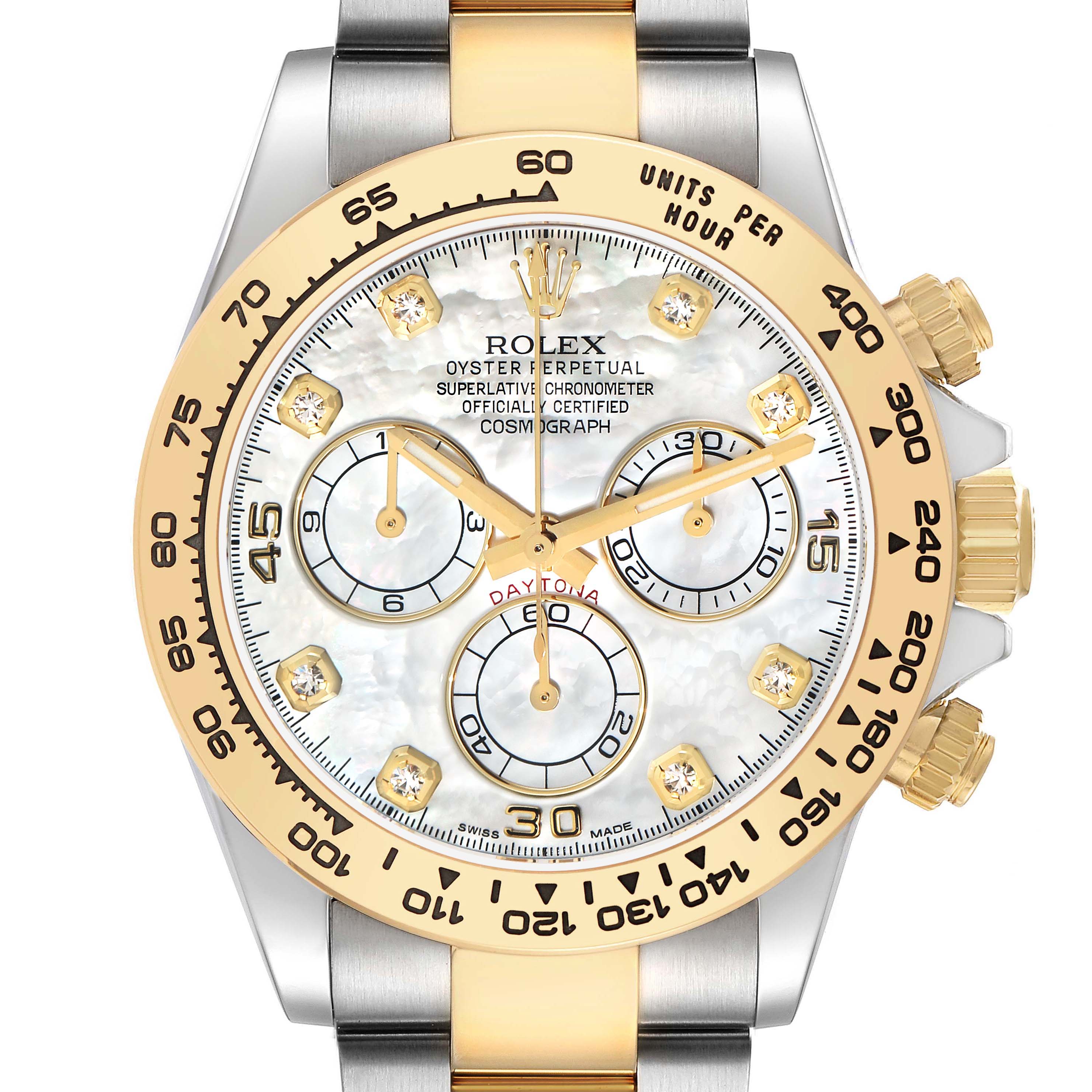 The Rolex Daytona 116503 Men
s Steel and Gold (two tone) Mother of Pearl Dial watch is shown from a front angle, highlighting its dial, bezel, and part of the bracelet.