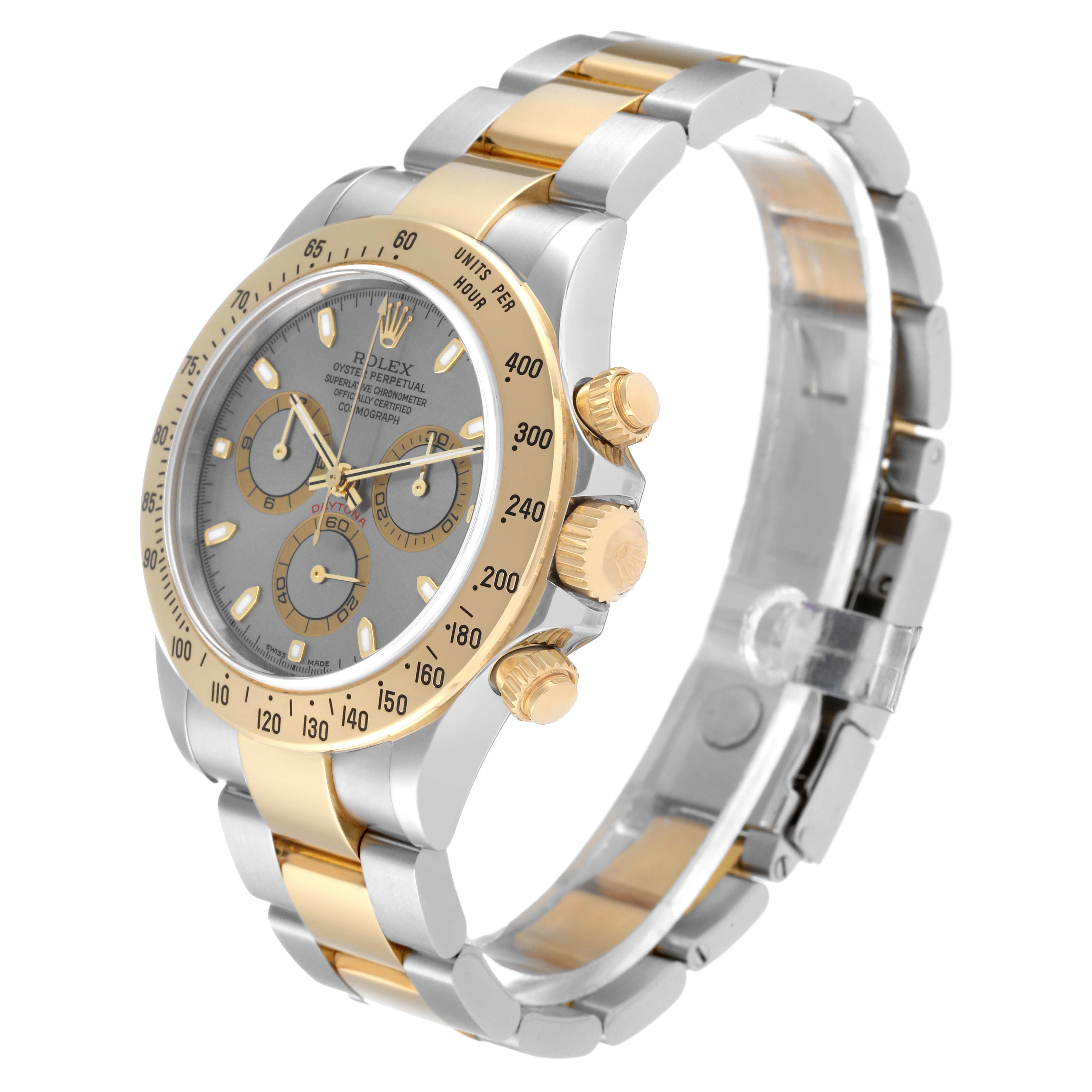 The Rolex Daytona 116523 Men's Steel and Gold (two tone) Silver Dial 116523 Men's Steel and Gold (two tone) Silver Dial watch is shown at an angle highlighting its face, bezel, crown, and two-tone bracelet.