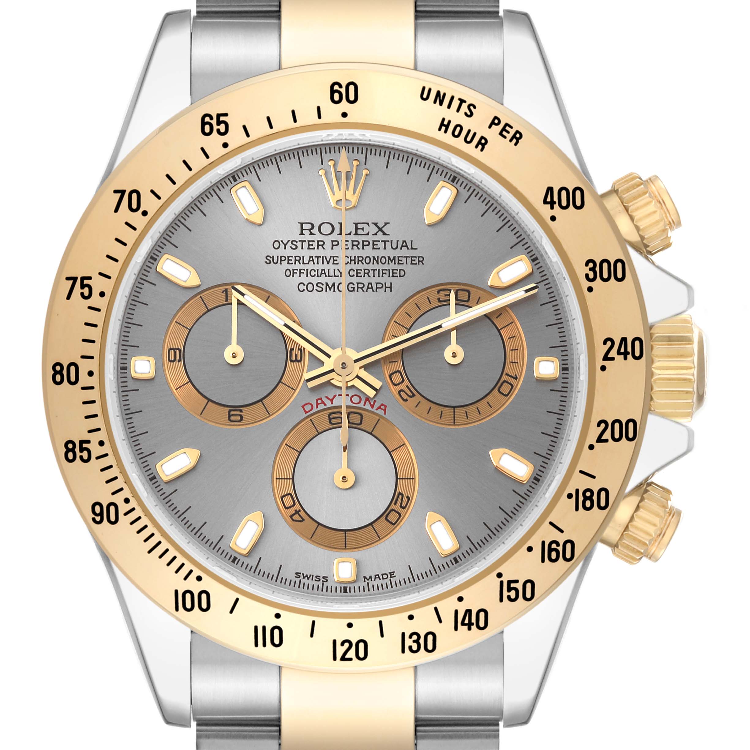 The image shows a frontal view of a Rolex Daytona 116523 Men's Steel and Gold (two tone) Silver Dial 116523 Men's Steel and Gold (two tone) Silver Dial watch, highlighting its dial, bezel, and chronograph sub-dials.
