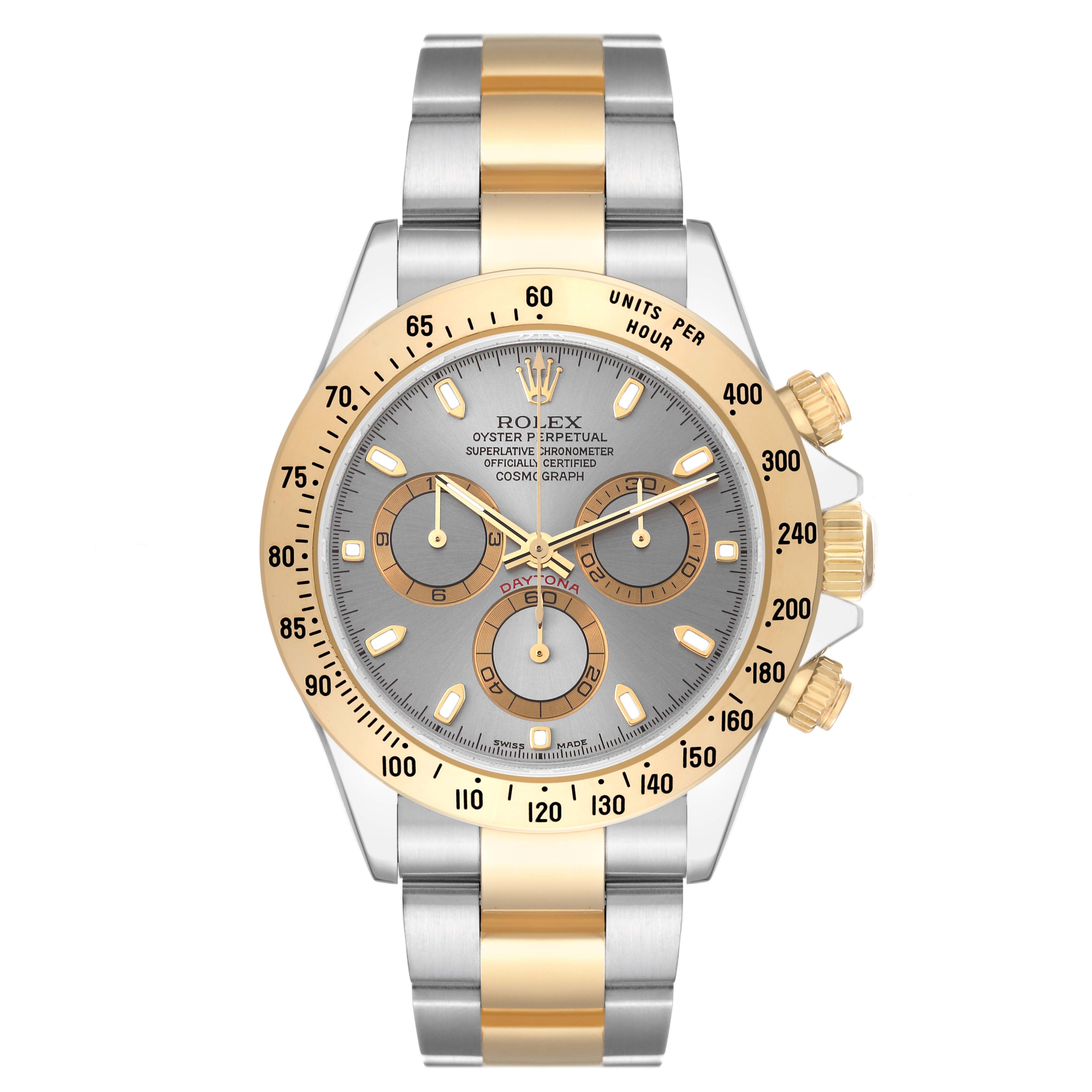 The image shows a front view of the Rolex Daytona 116523 Men's Steel and Gold (two tone) Silver Dial 116523 Men's Steel and Gold (two tone) Silver Dial watch, highlighting its dial, bezel, chronograph sub-dials, and two-tone bracelet.