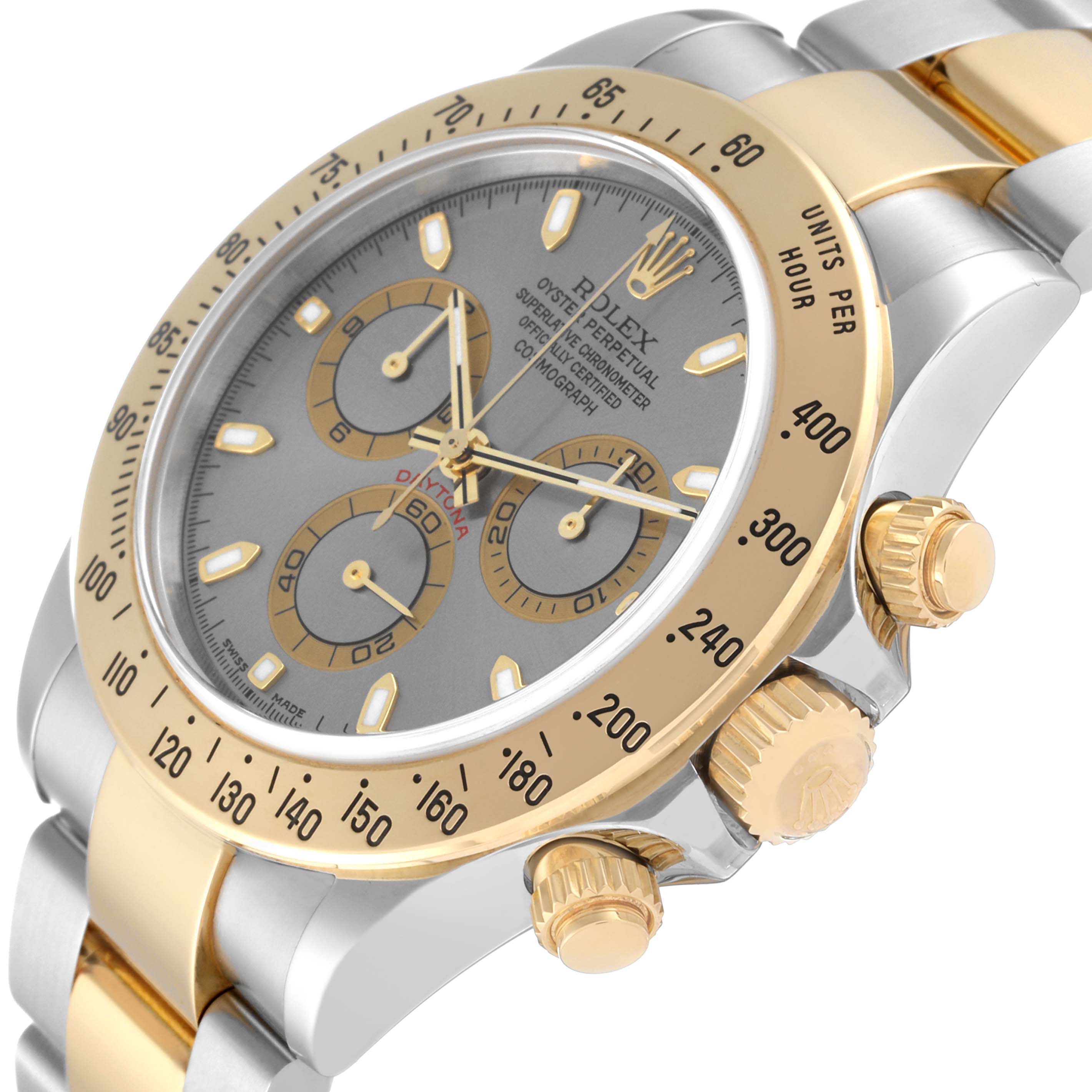 The image shows a close-up angled view of a Rolex Daytona 116523 Men's Steel and Gold (two tone) Silver Dial 116523 Men's Steel and Gold (two tone) Silver Dial watch, highlighting the dial, bezel, and crown.