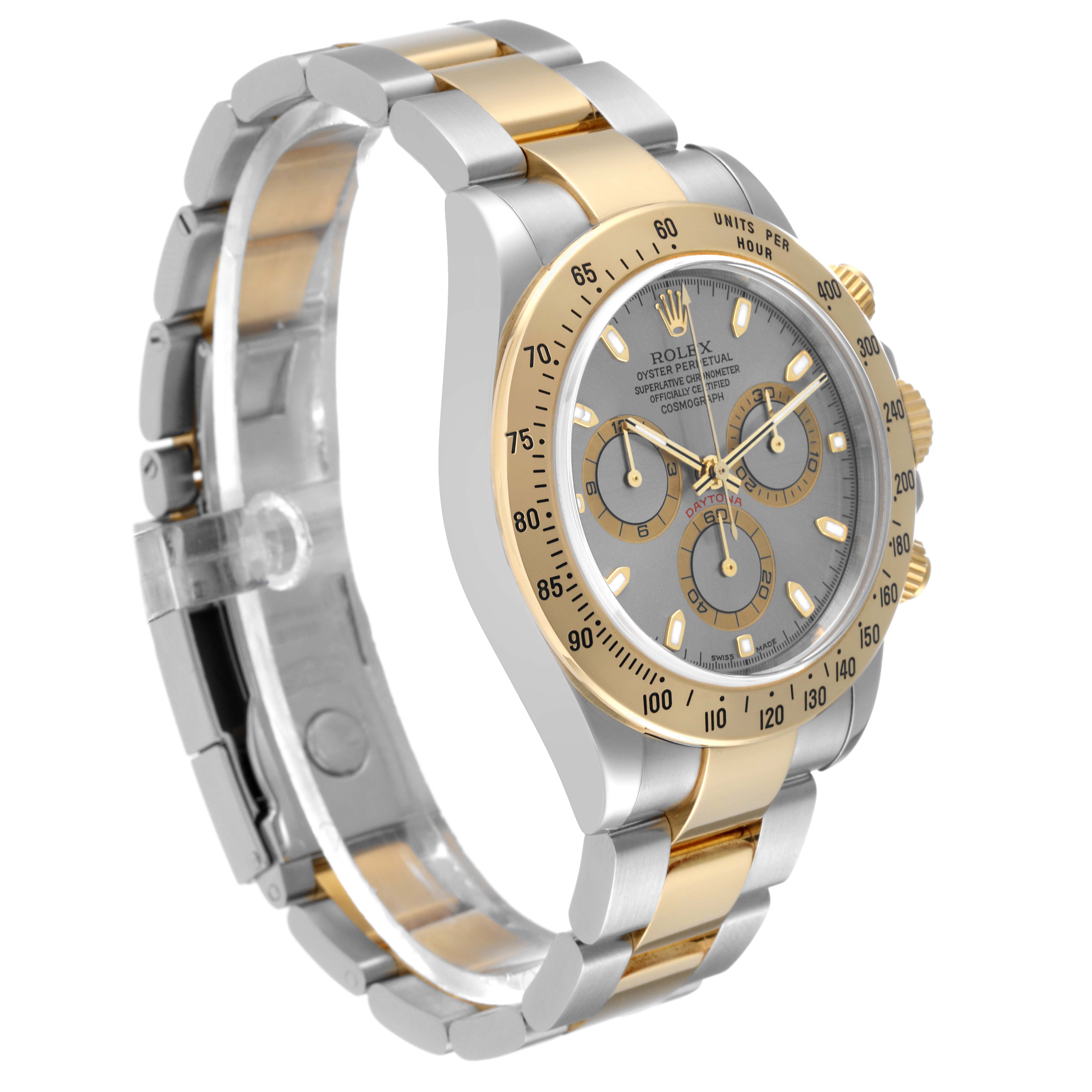 The image shows a side-angle view of a Rolex Daytona 116523 Men's Steel and Gold (two tone) Silver Dial 116523 Men's Steel and Gold (two tone) Silver Dial watch, highlighting its bracelet, crown, and chronograph dials.