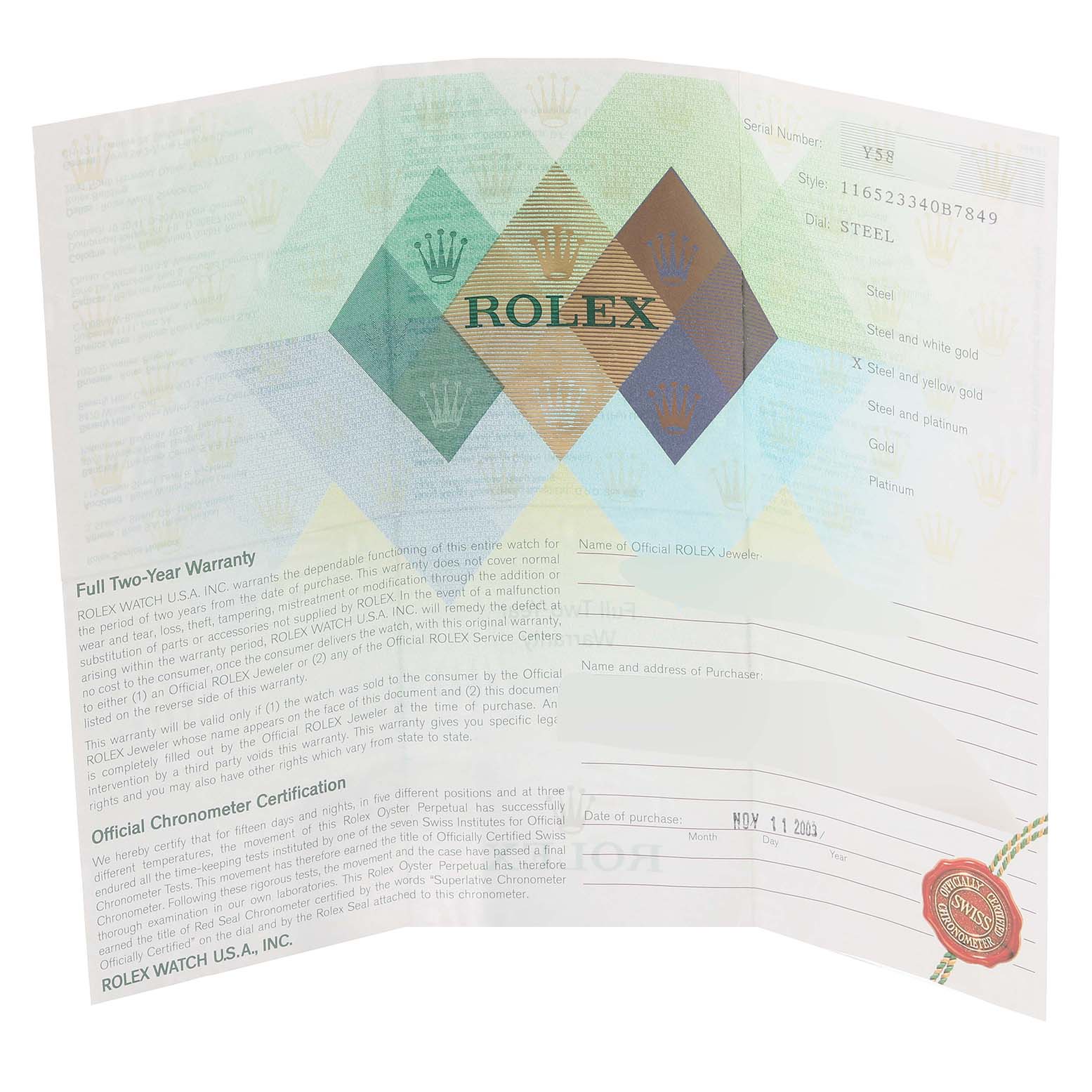 This image shows the warranty and certification card for a Rolex Daytona 116523 Men's Steel and Gold (two tone) Silver Dial 116523 Men's Steel and Gold (two tone) Silver Dial watch.