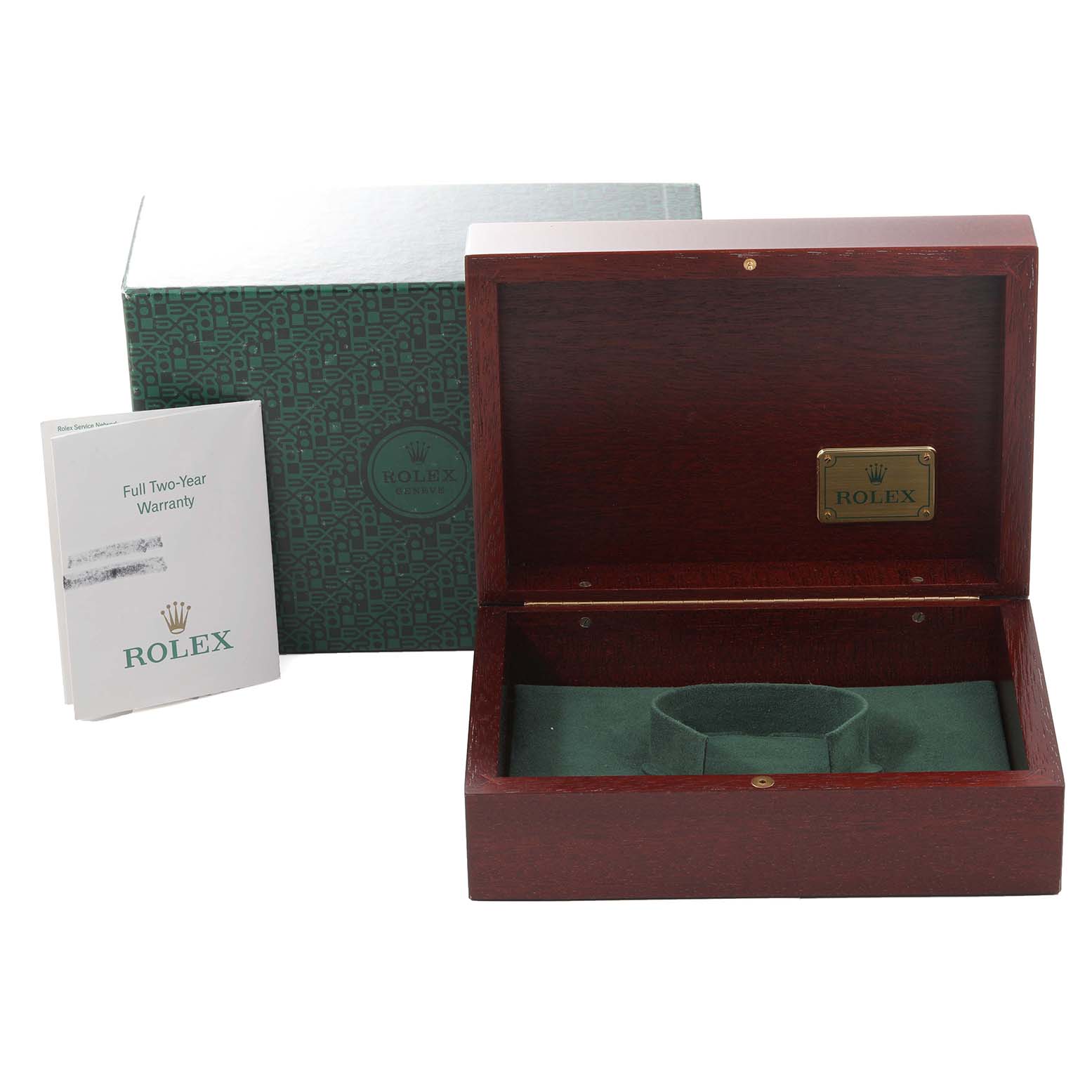 The image shows a Rolex Daytona 116523 Men's Steel and Gold (two tone) Silver Dial 116523 Men's Steel and Gold (two tone) Silver Dial watch box, warranty booklet, and outer green box from a front-side angle.