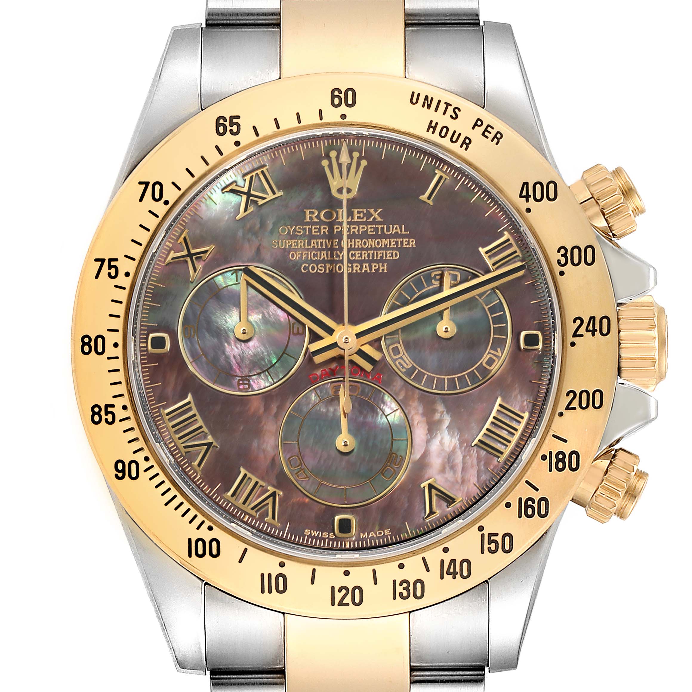 This image shows a front view of the Rolex Daytona 116523 Men's Steel and Gold (two tone) Mother of Pearl Dial 116523 Men's Steel and Gold (two tone) Mother of Pearl Dial watch, highlighting its dial, chronograph subdials, and bezel.