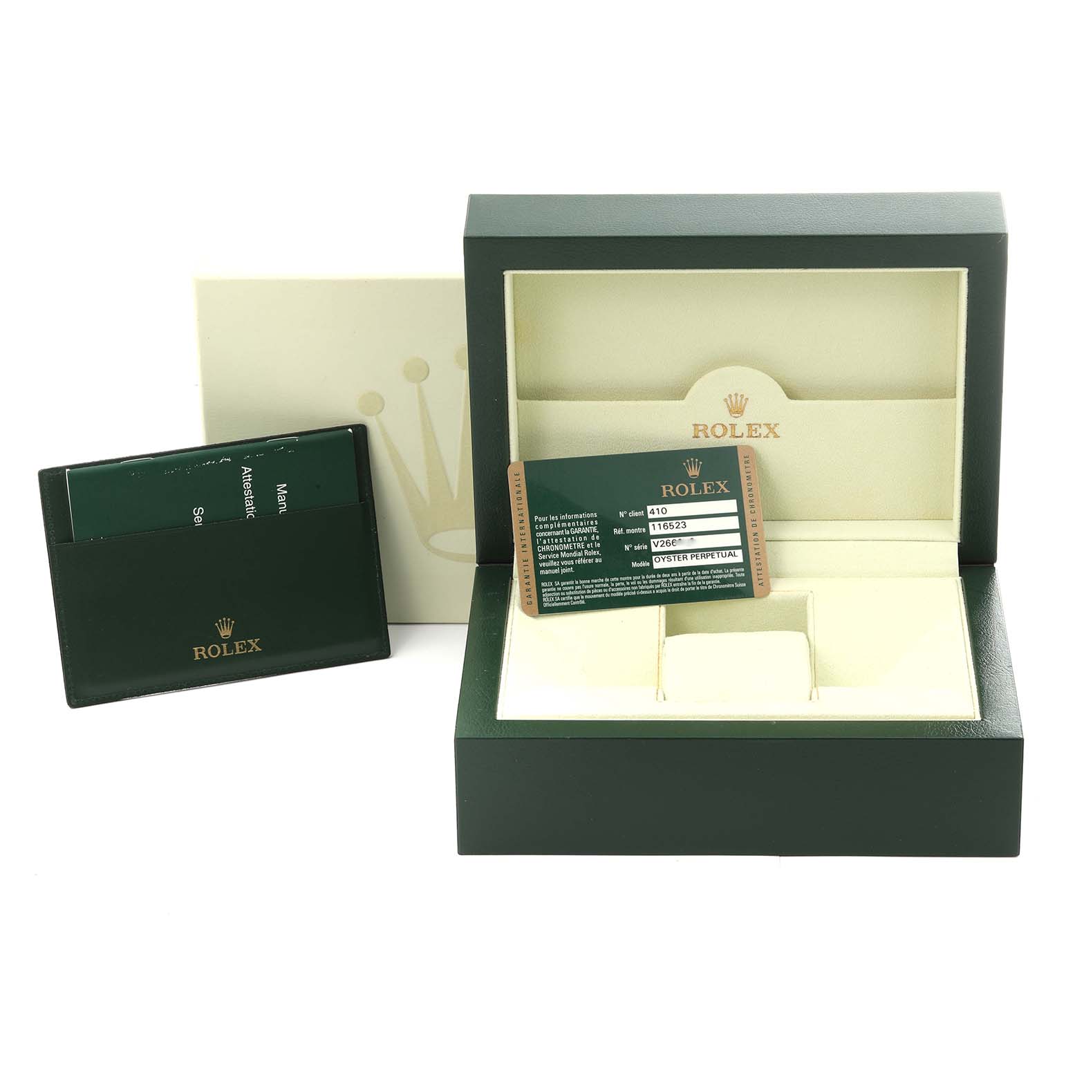 The image shows the box, warranty card, and booklet for a Rolex Daytona 116523 Men's Steel and Gold (two tone) Mother of Pearl Dial 116523 Men's Steel and Gold (two tone) Mother of Pearl Dial watch, viewed from the front.
