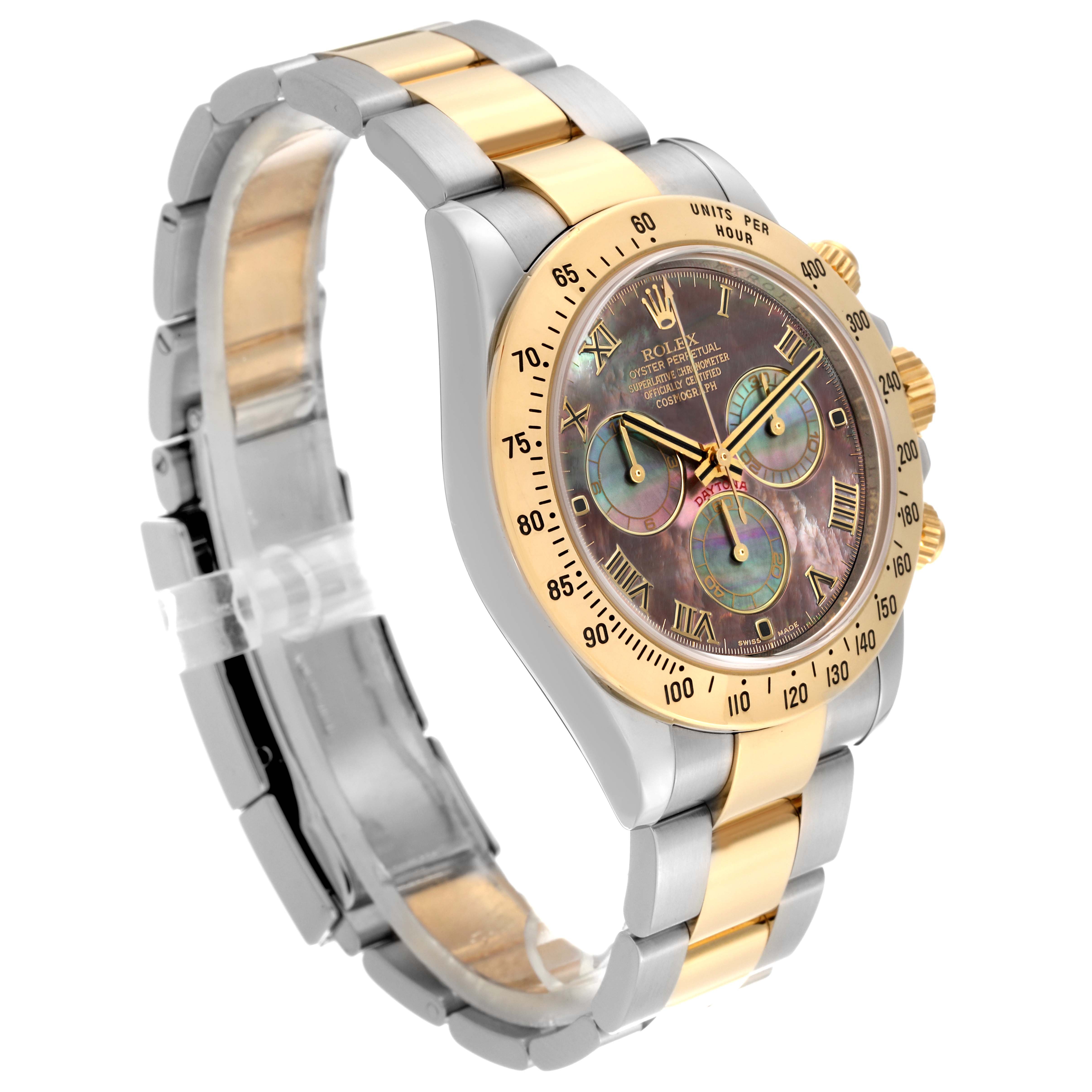 The Rolex Daytona 116523 Men's Steel and Gold (two tone) Mother of Pearl Dial 116523 Men's Steel and Gold (two tone) Mother of Pearl Dial watch is shown at an angled front view, showcasing its two-tone bracelet, dial, bezel, and chronograph subdials.