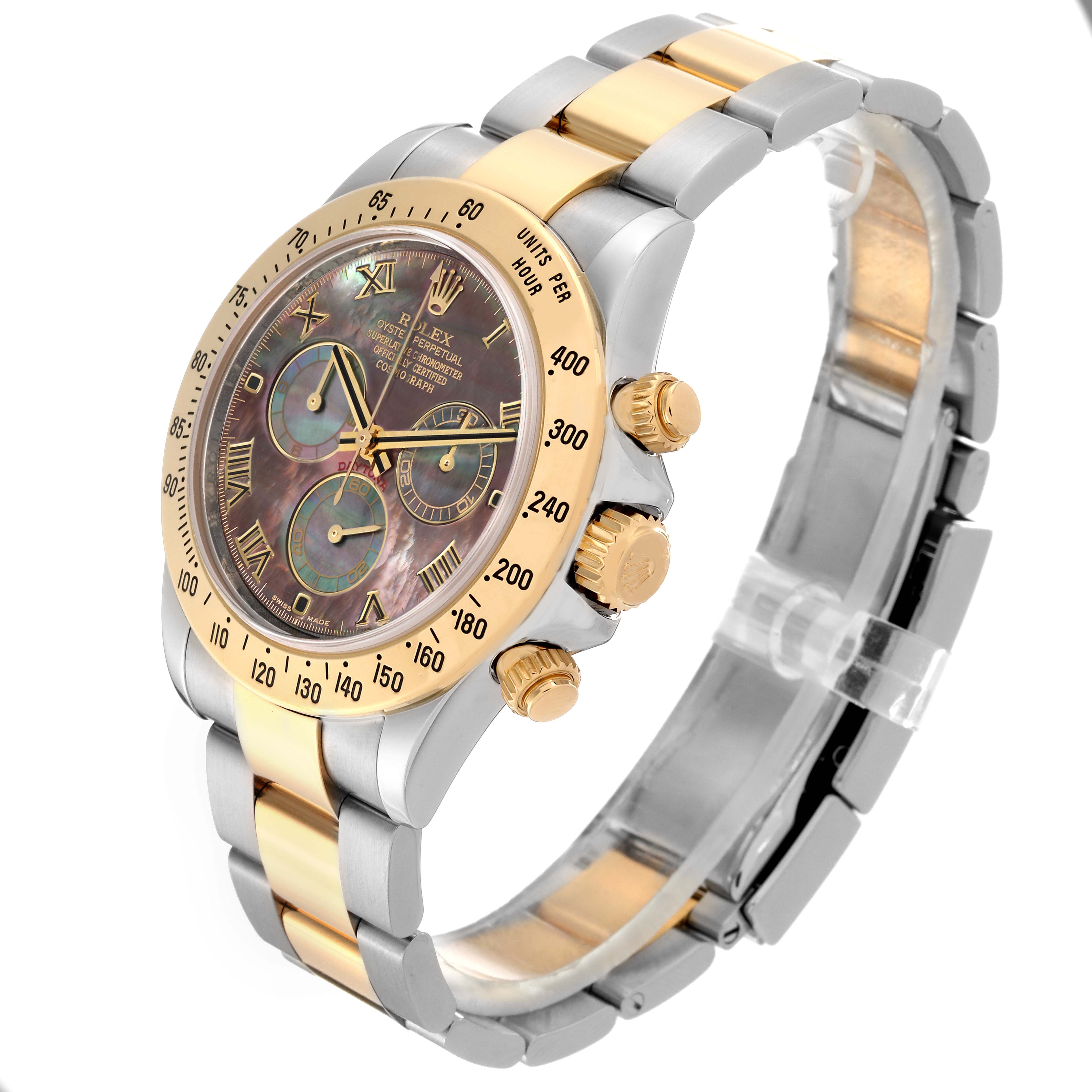 The Rolex Daytona 116523 Men's Steel and Gold (two tone) Mother of Pearl Dial 116523 Men's Steel and Gold (two tone) Mother of Pearl Dial watch is shown at a three-quarter angle, highlighting its face, bezel, crown, pushers, and two-tone bracelet.