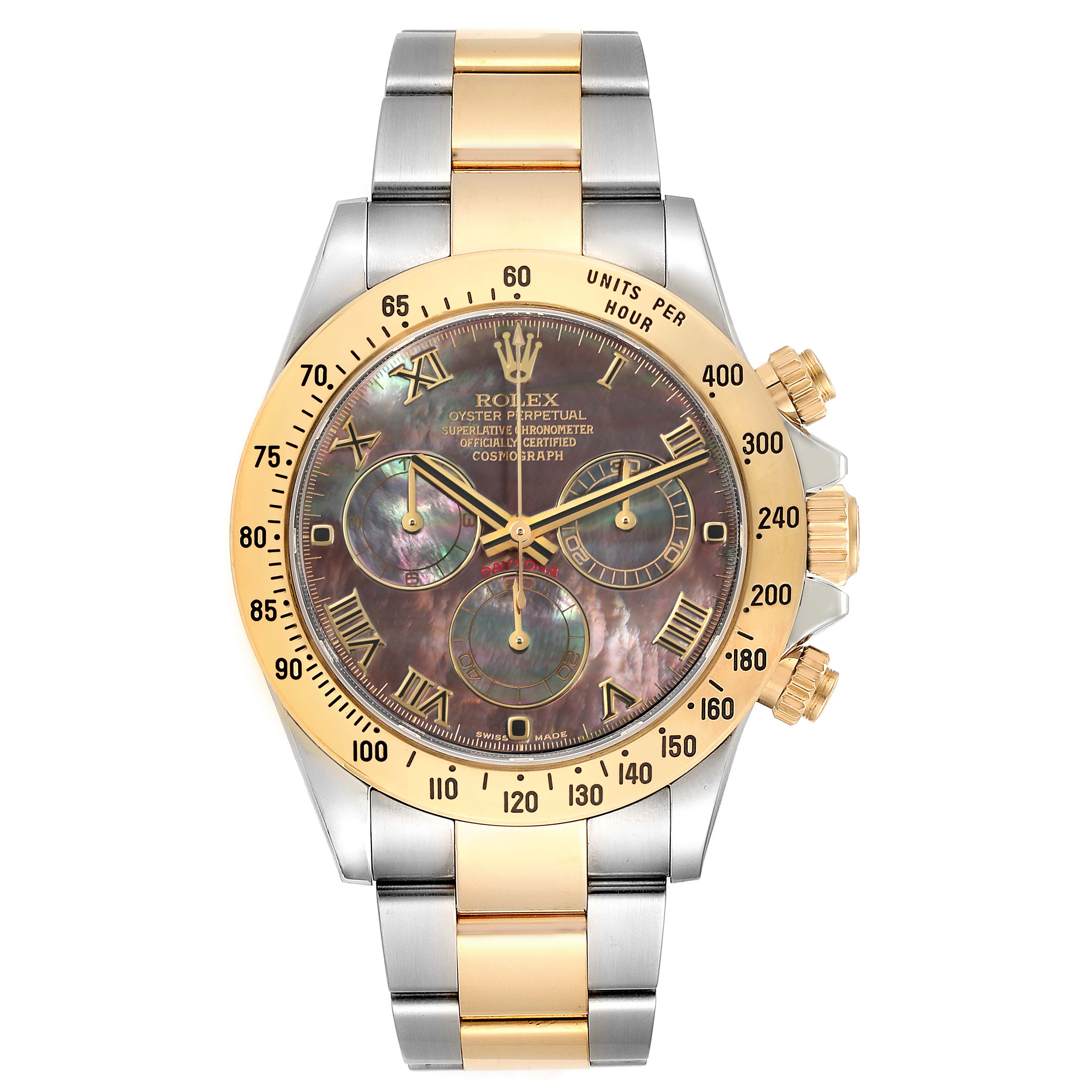 The Rolex Daytona 116523 Men's Steel and Gold (two tone) Mother of Pearl Dial 116523 Men's Steel and Gold (two tone) Mother of Pearl Dial model is shown from a front angle, highlighting its dial, bezel, and two-tone bracelet.